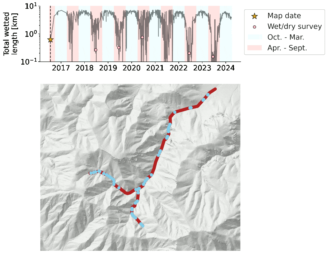 Animated image showing the results of a preliminary machine learning model of surface water presence/absense.