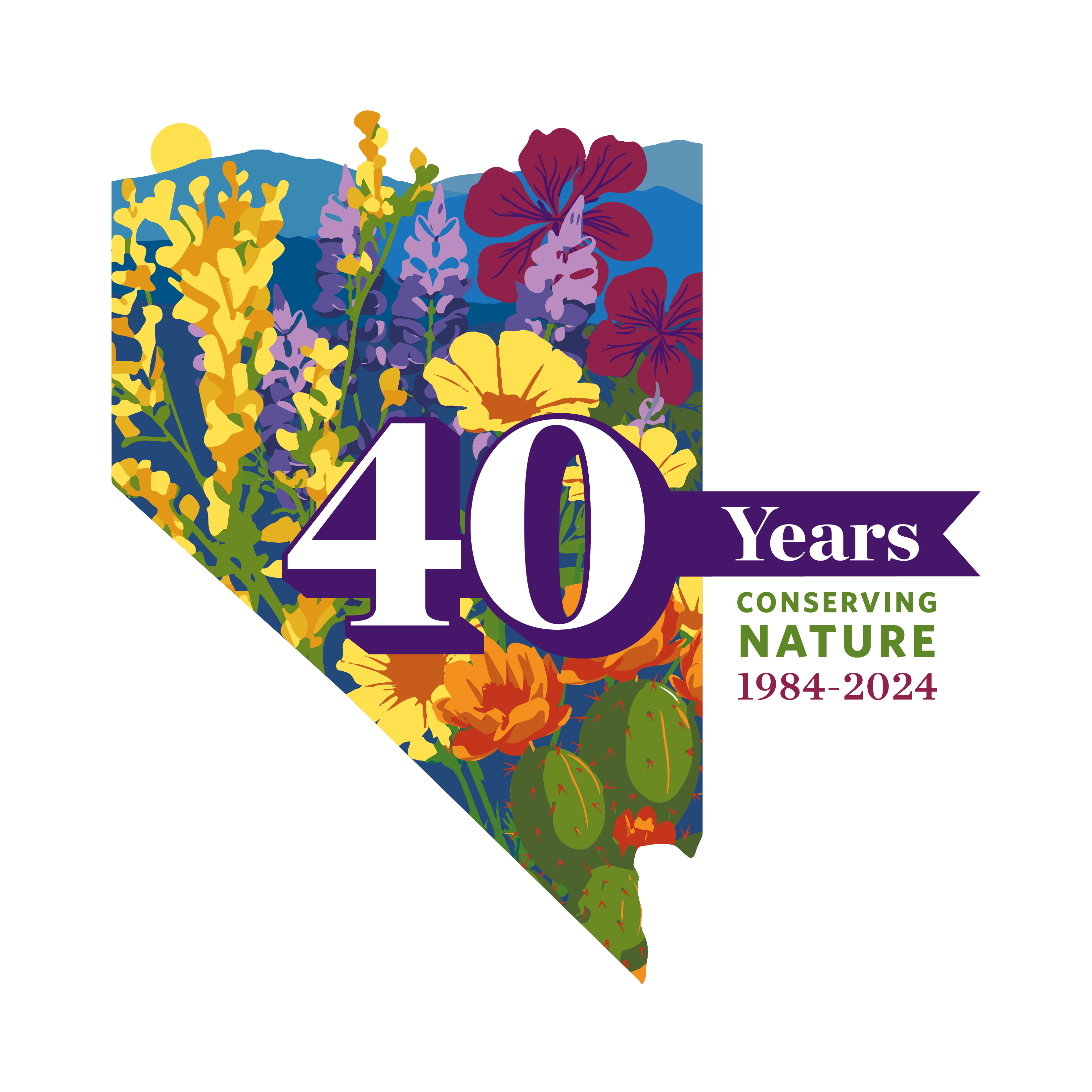 An illustration of colorful native wildflowers inside the Nevada state outline.