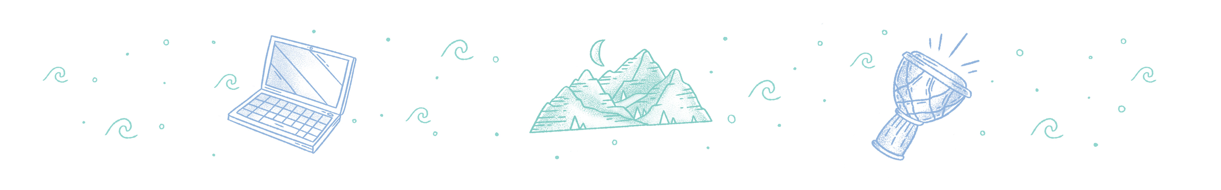 illustrations of a computer, a mountain and a drum.