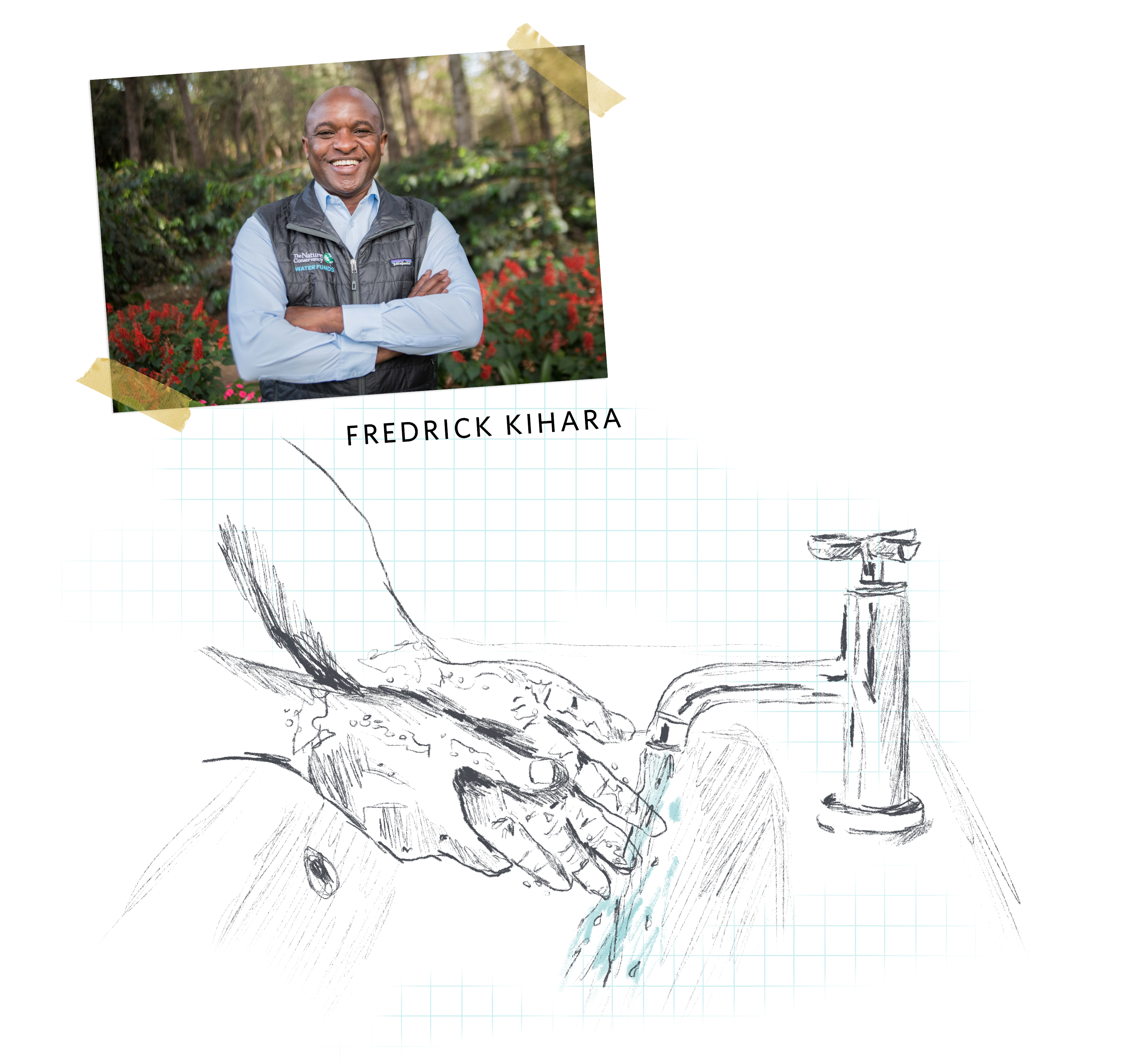 A photo of a smiling man with arms crossed in a garden, collaged with a sketchy illustration of hands being washed in a sink with running water.