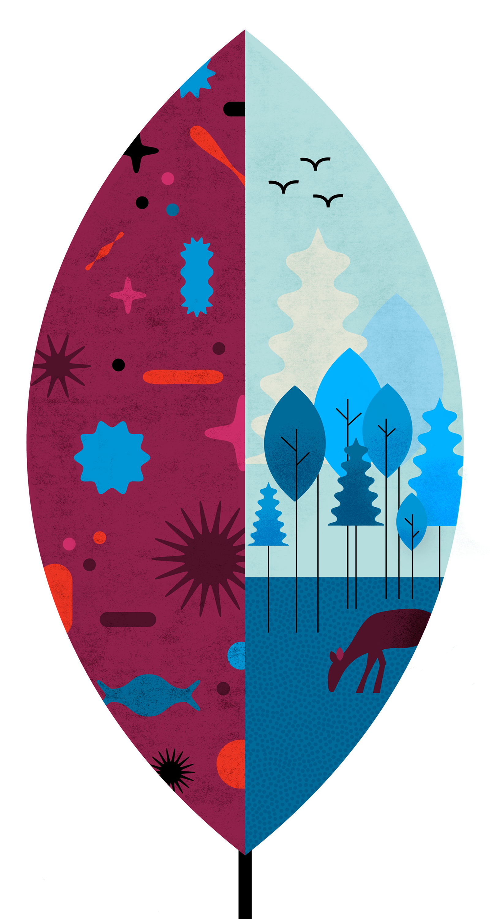 illustration of microscopic viruses and a forest scene contained within a leaf