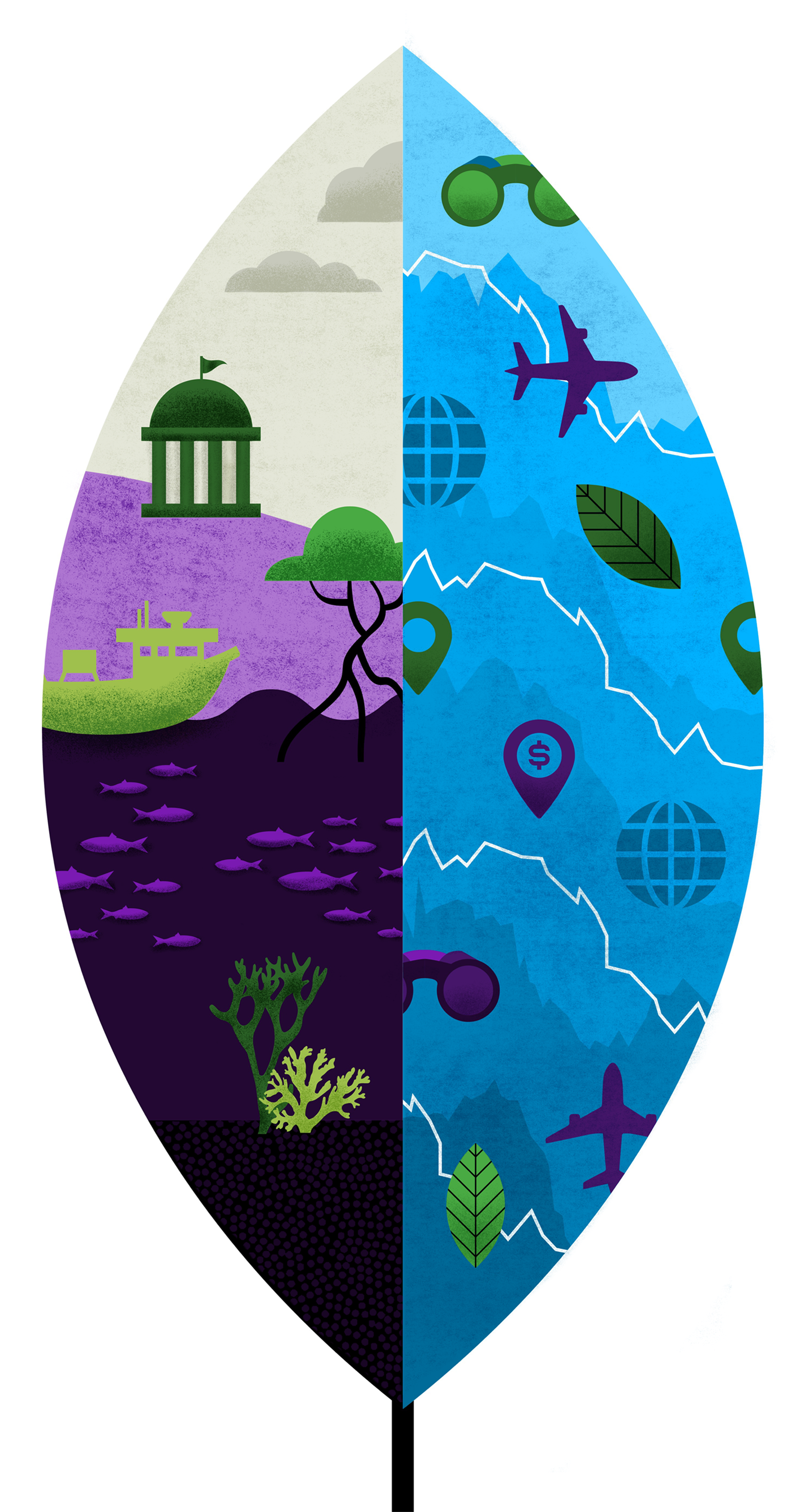 illustration of the ocean with boat, mangrove, and government building, with a pattern containing travel items