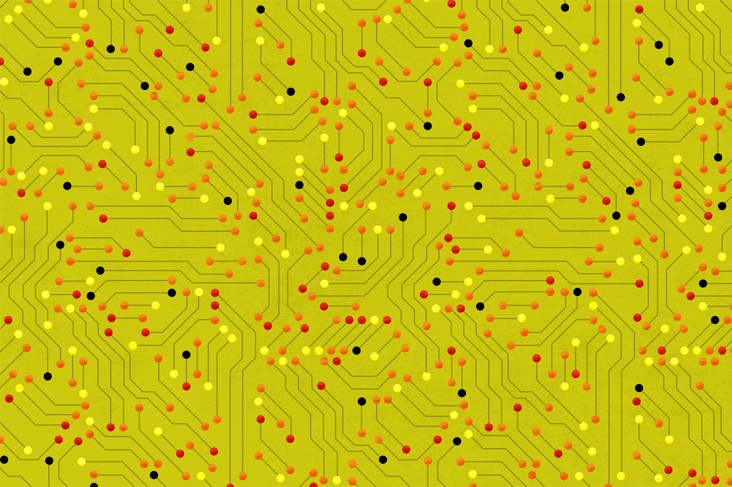 an abstract pattern based on a circuit board, with red, orange, and yellow nodes and a green background