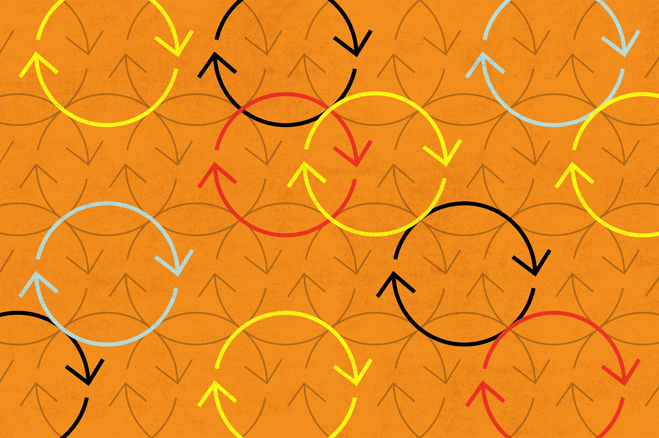 A pattern of circular arrows overlapping against an orange background