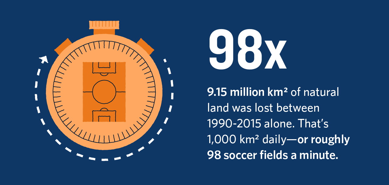 a graphic of a soccer field superimposed over a stopwatch, with large text that reads 98x and smaller text that reads 9.15 million kilometers squared of natural land was lost between 1990-2015 alone. that's 1000 kilometers squared daily, or roughly 98 soccer fields a minute.
