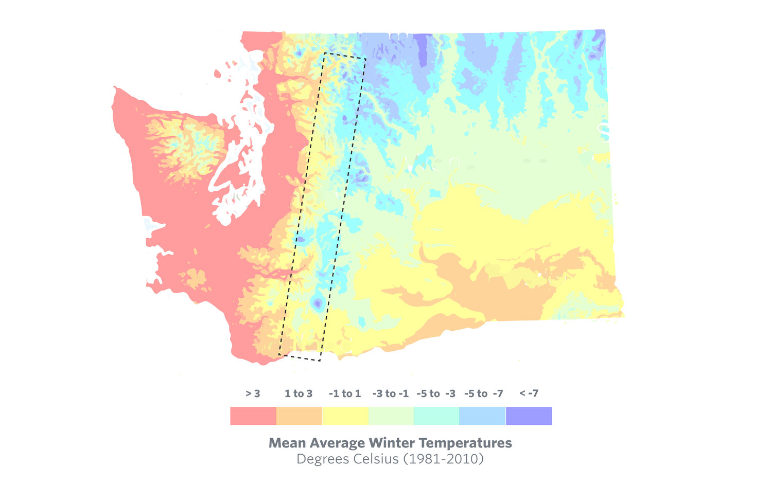 In the Eastern Cascades, there are no data linking the depth and duration of snowpack to tree canopy cover. This area represents a unique temperature zone where the snowpack-tree canopy relationship has not yet been explored.
