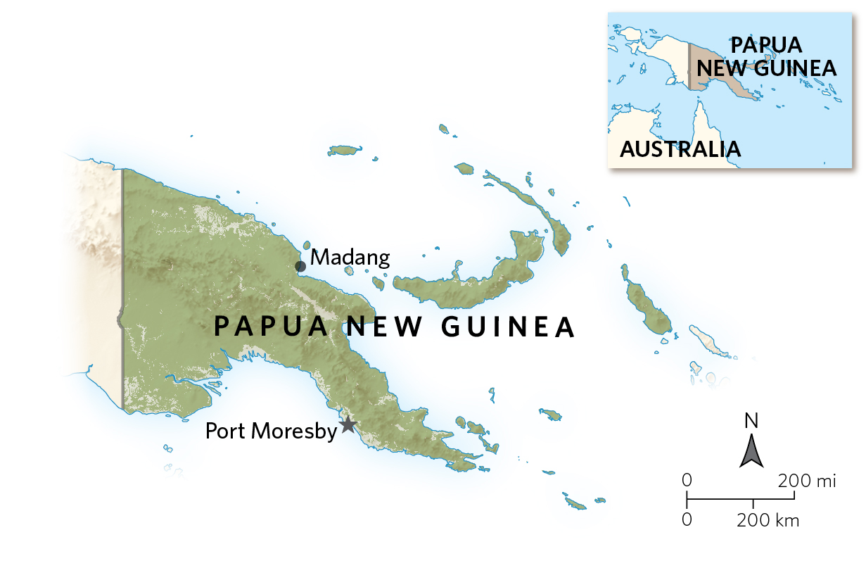 A map of Papua New Guinea shows Port Moresby and Madang.