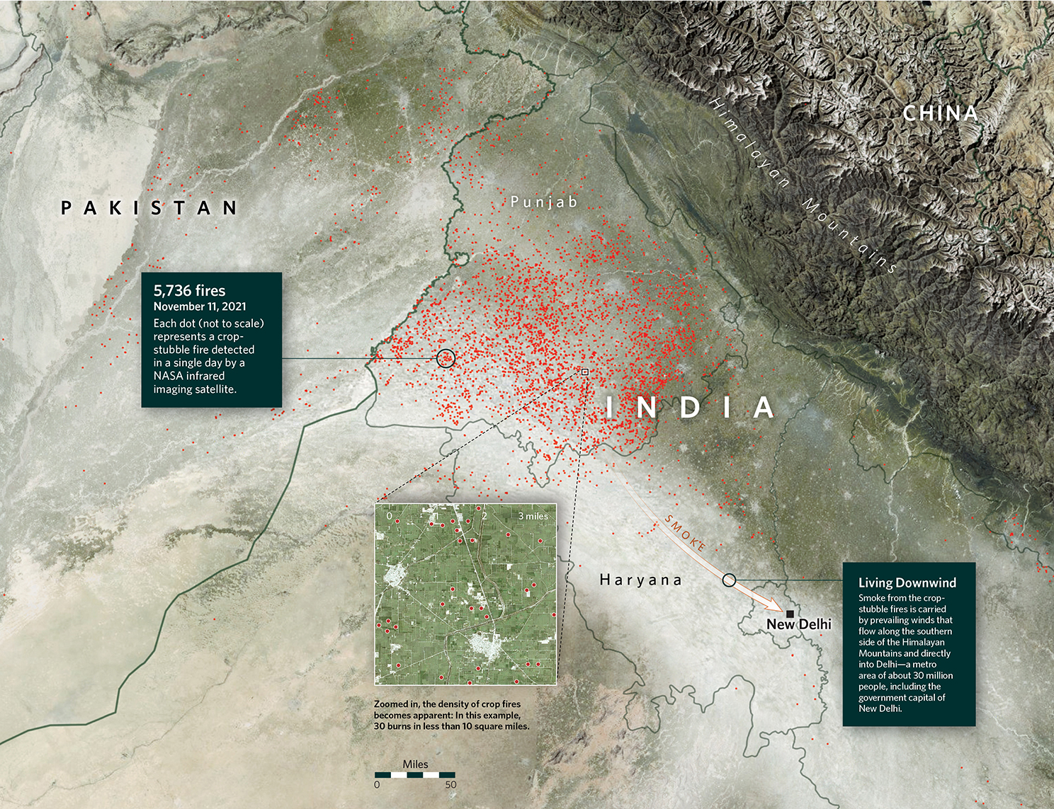 A map shows agricultural fires in India.