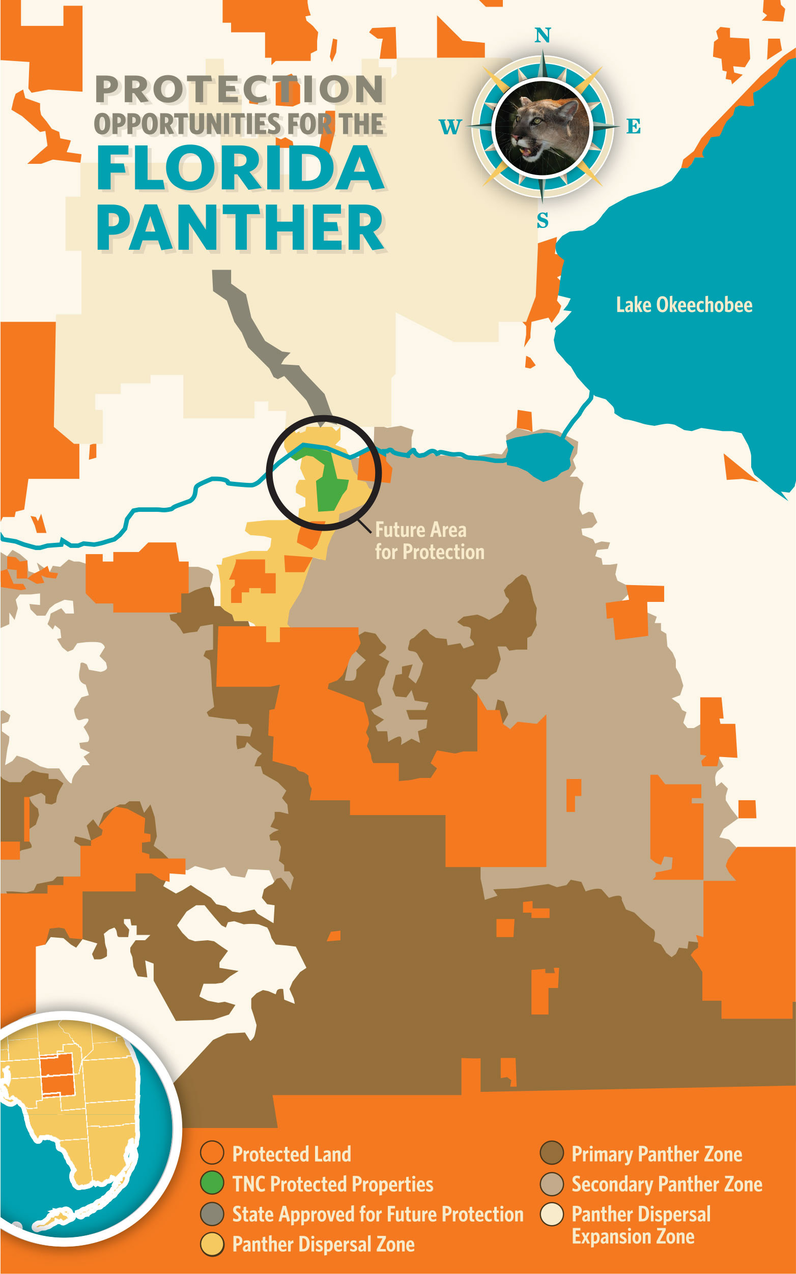 Map depicting current and future panther protection areas within Florida.