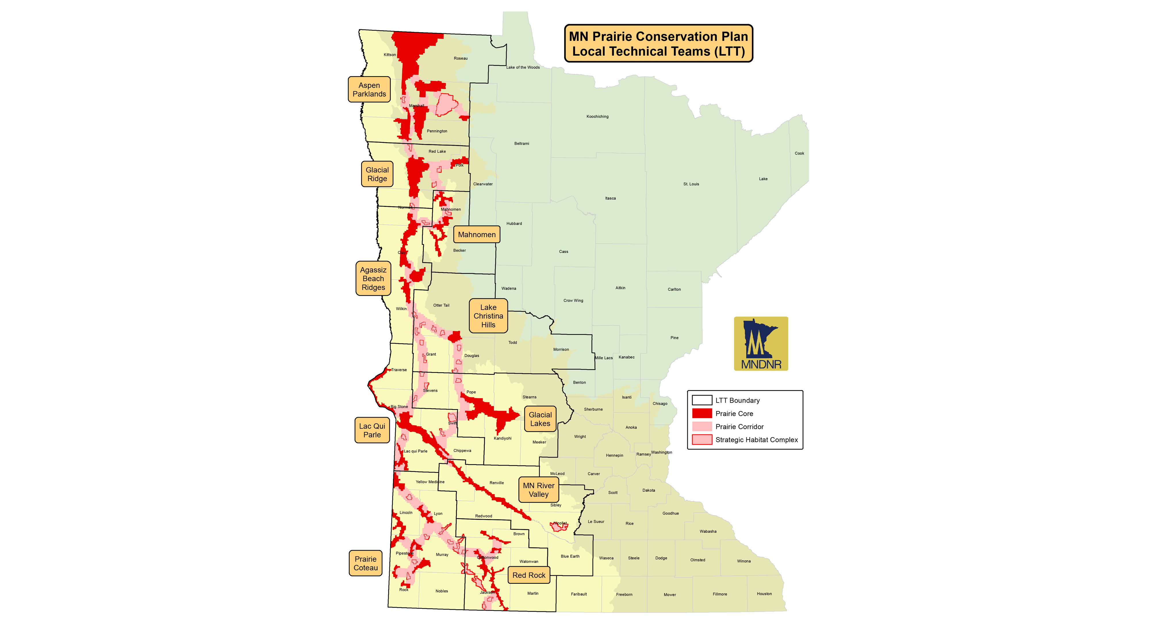 Prairie Conservation Plan Local Technical Teams (LTT) for prairie restoration in Minnesota. This map was updated in May 2017.