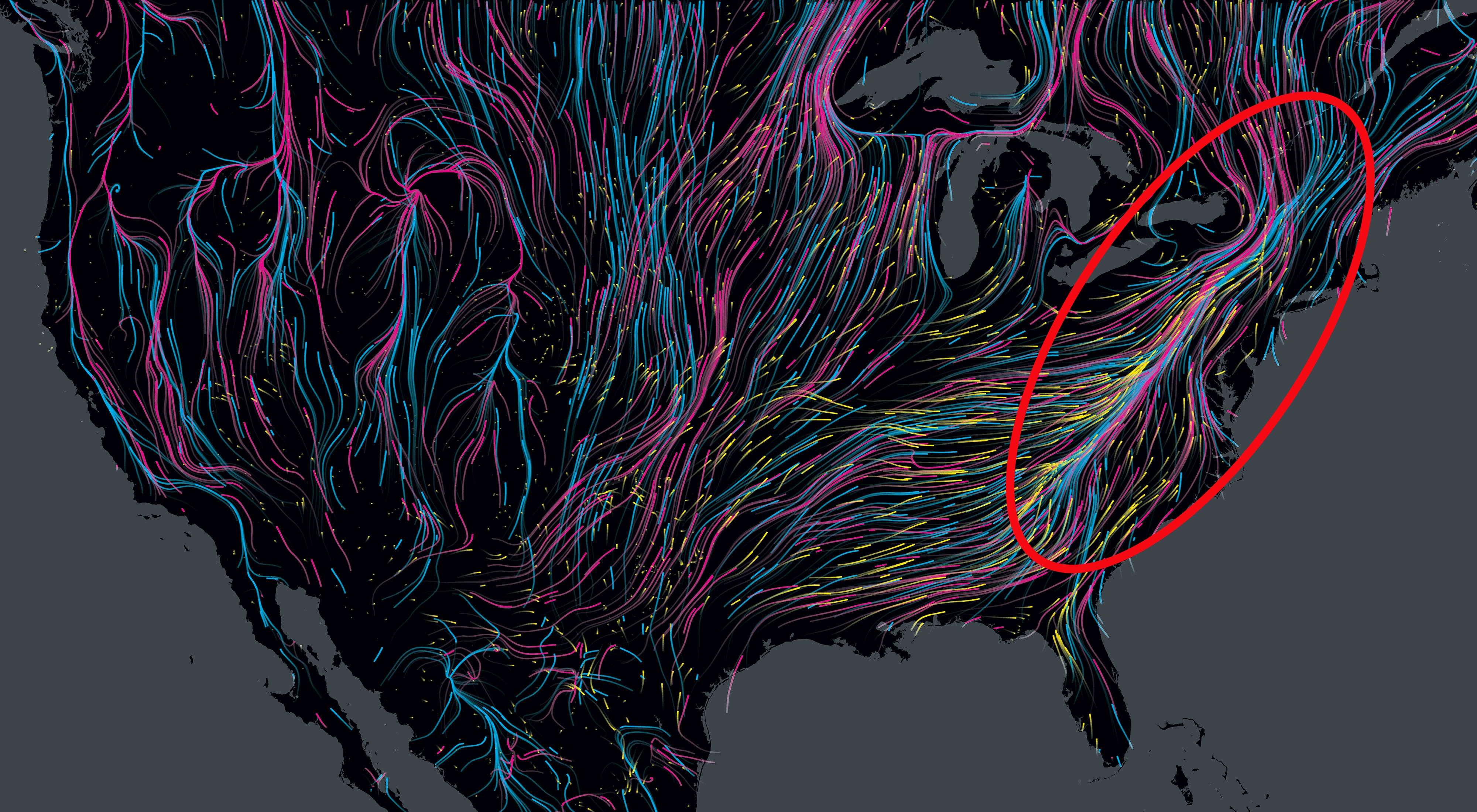 A map showing Appalachians circled and animal migration routes in different colored arrows.