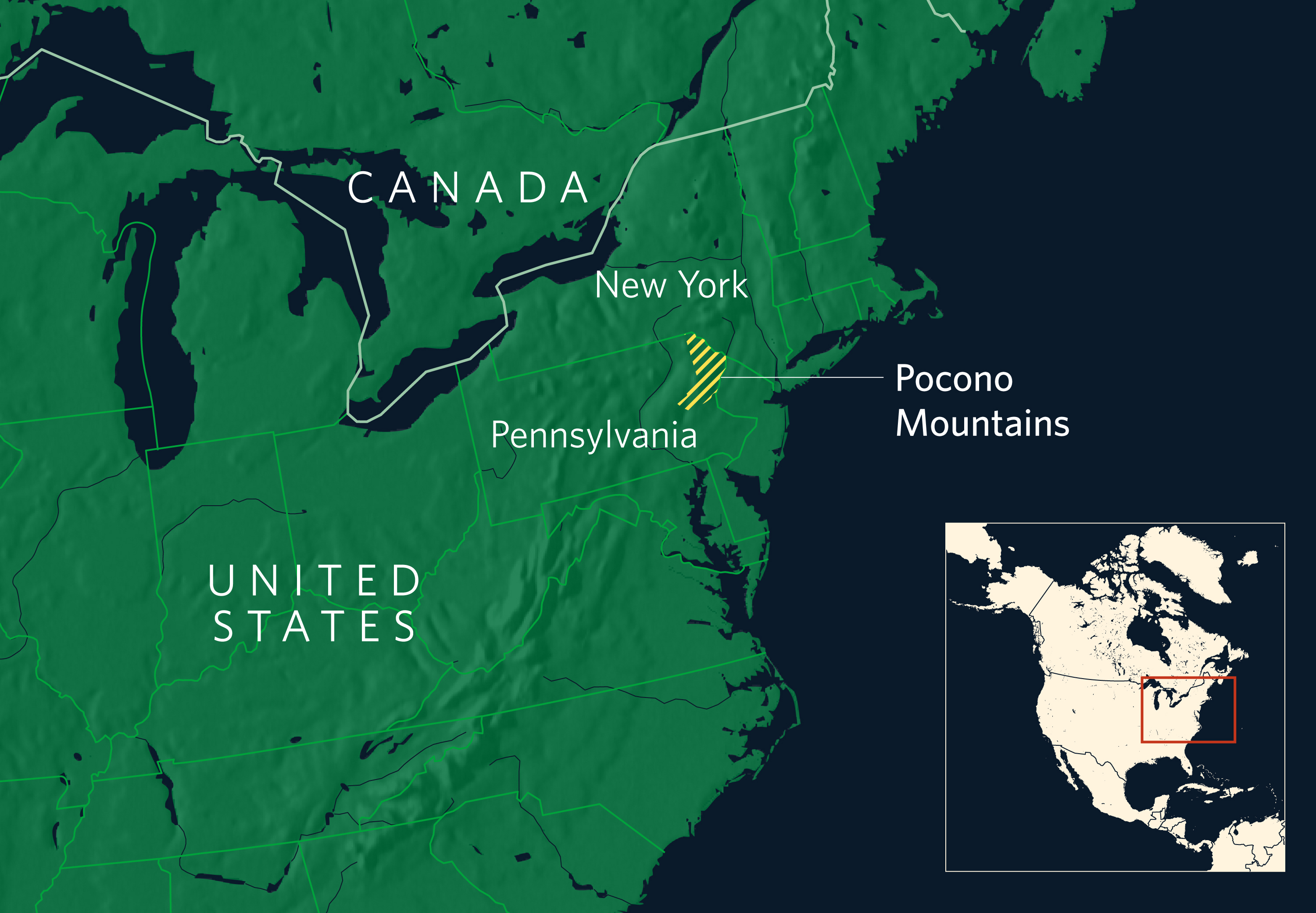 an image of a map of the northeastern portion of the US with the Pocono Mountain in PA highlighted.