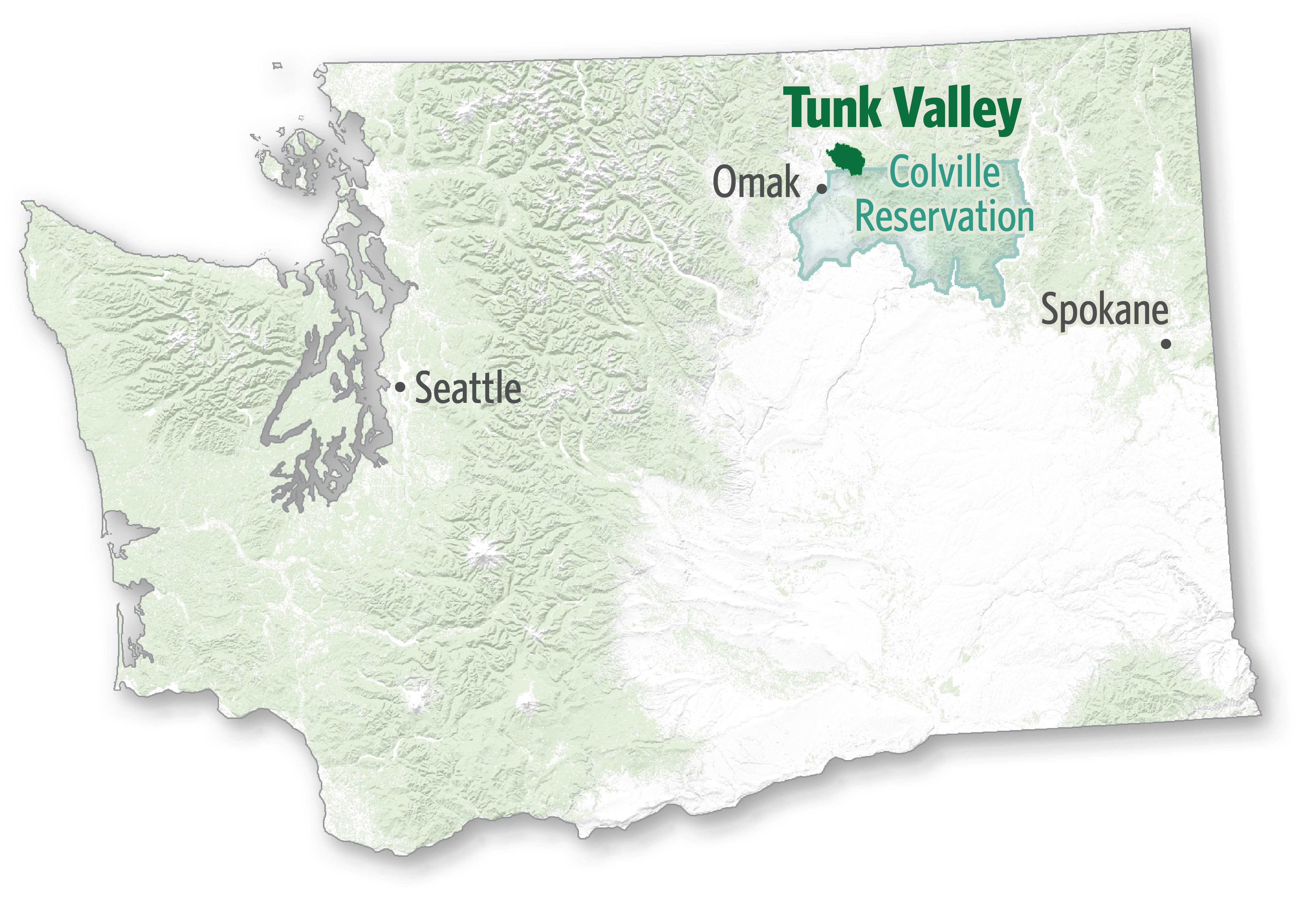 Map showing state of Washington, with Tunk Valley in the northeast and the lands being transferred.