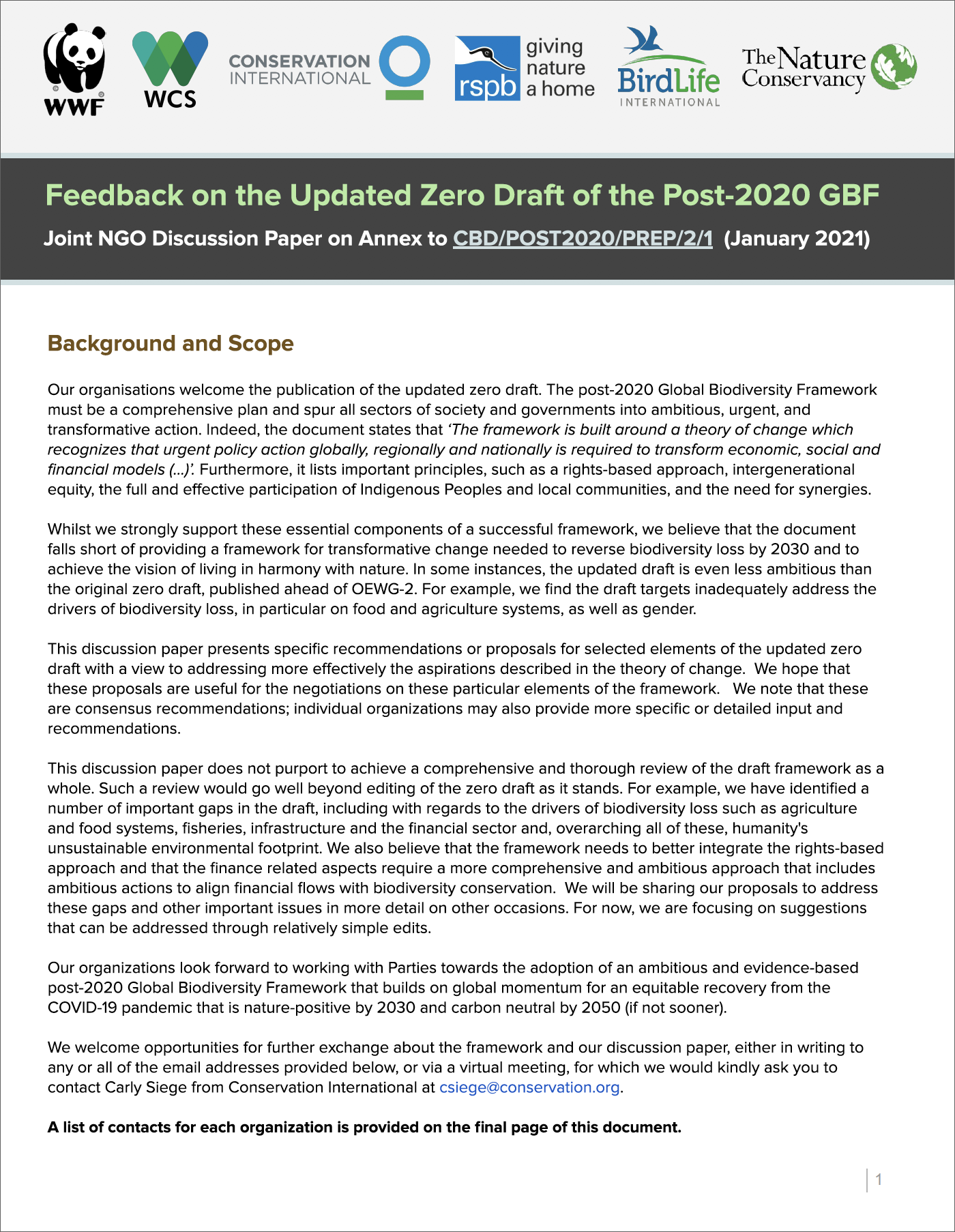 Feedback on the Updated Zero Draft of the Post-2020 GBF, January 2021