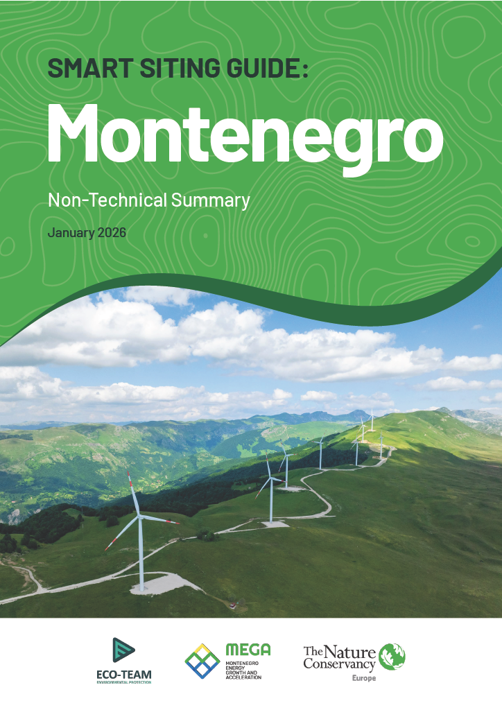 Cover of Smart Siting Guide Montenegro report with wind turbines on a hill.