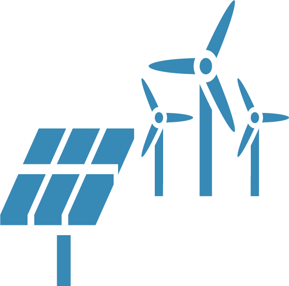 Illustration of solar panel and three wind turbines.