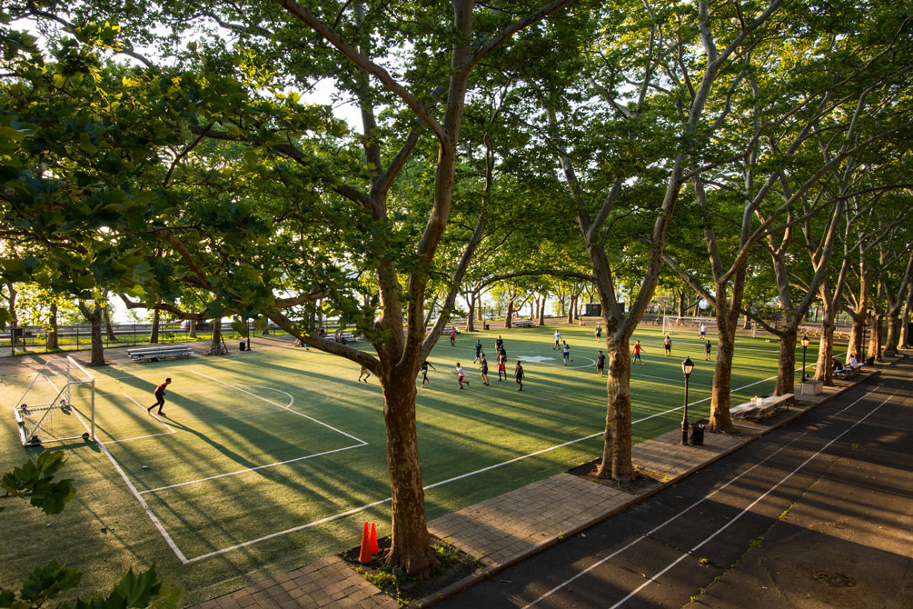 View of a tree-lined soccer field in a city park.