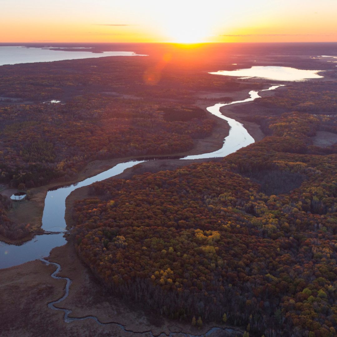 A winding river with a sunset in the background.