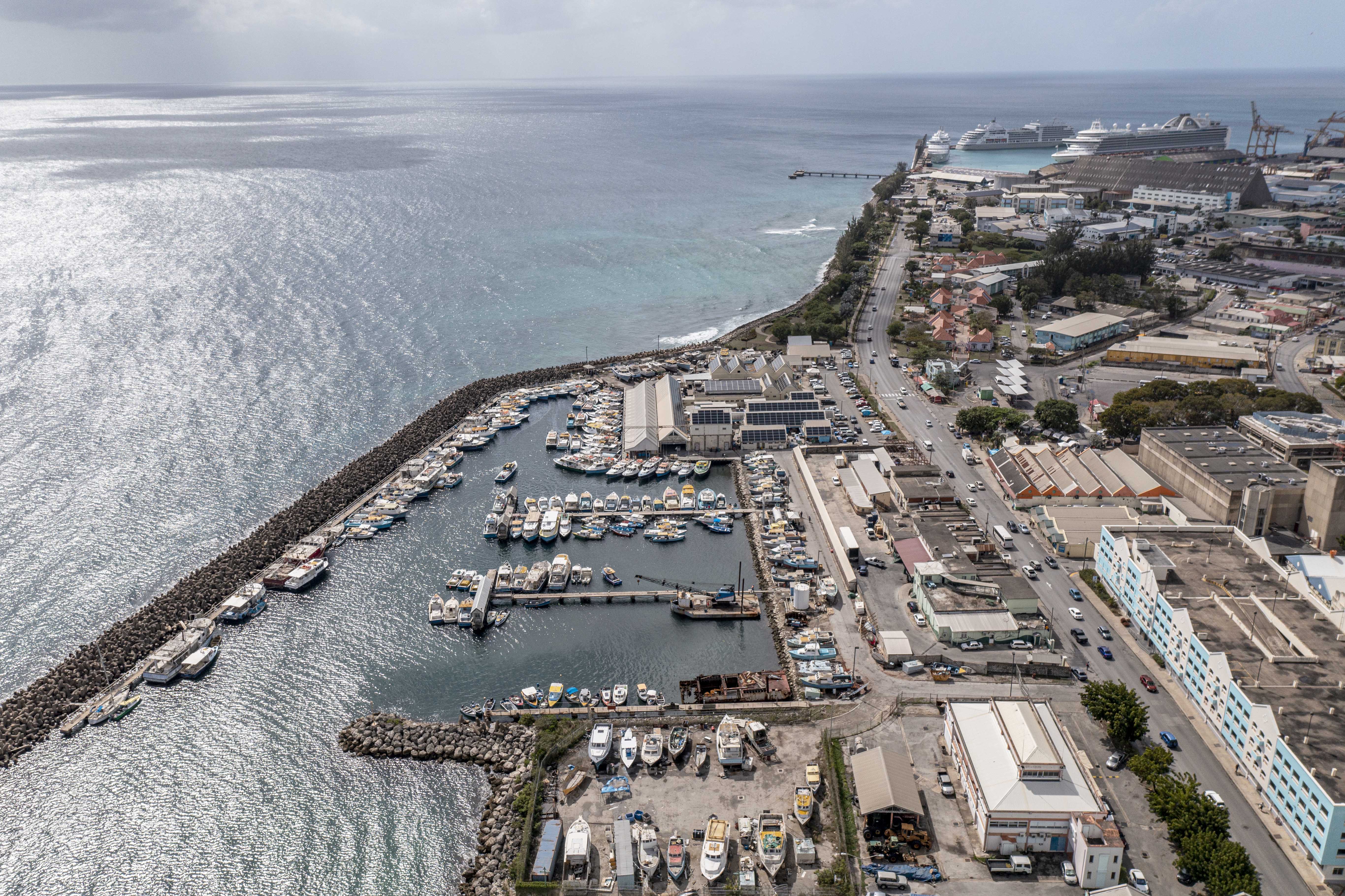 Aerial photo over Bridgetown, Barbados, showing beach.