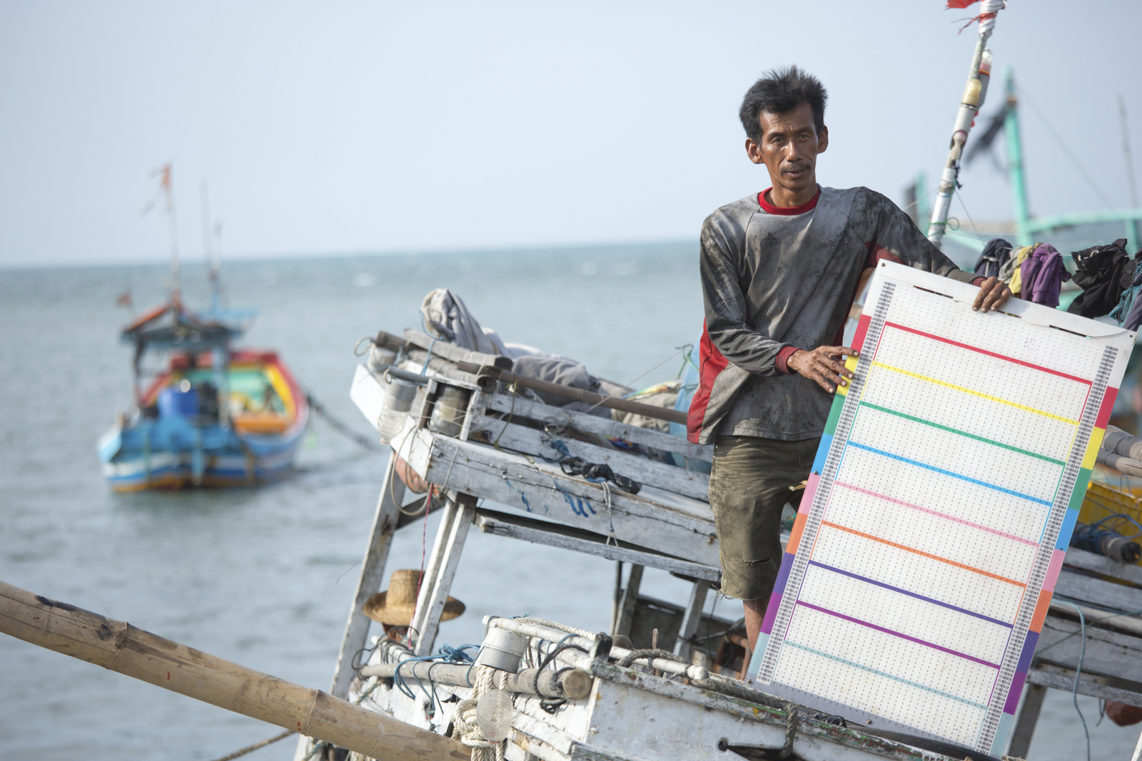 A man holds a colored board while on a boat.