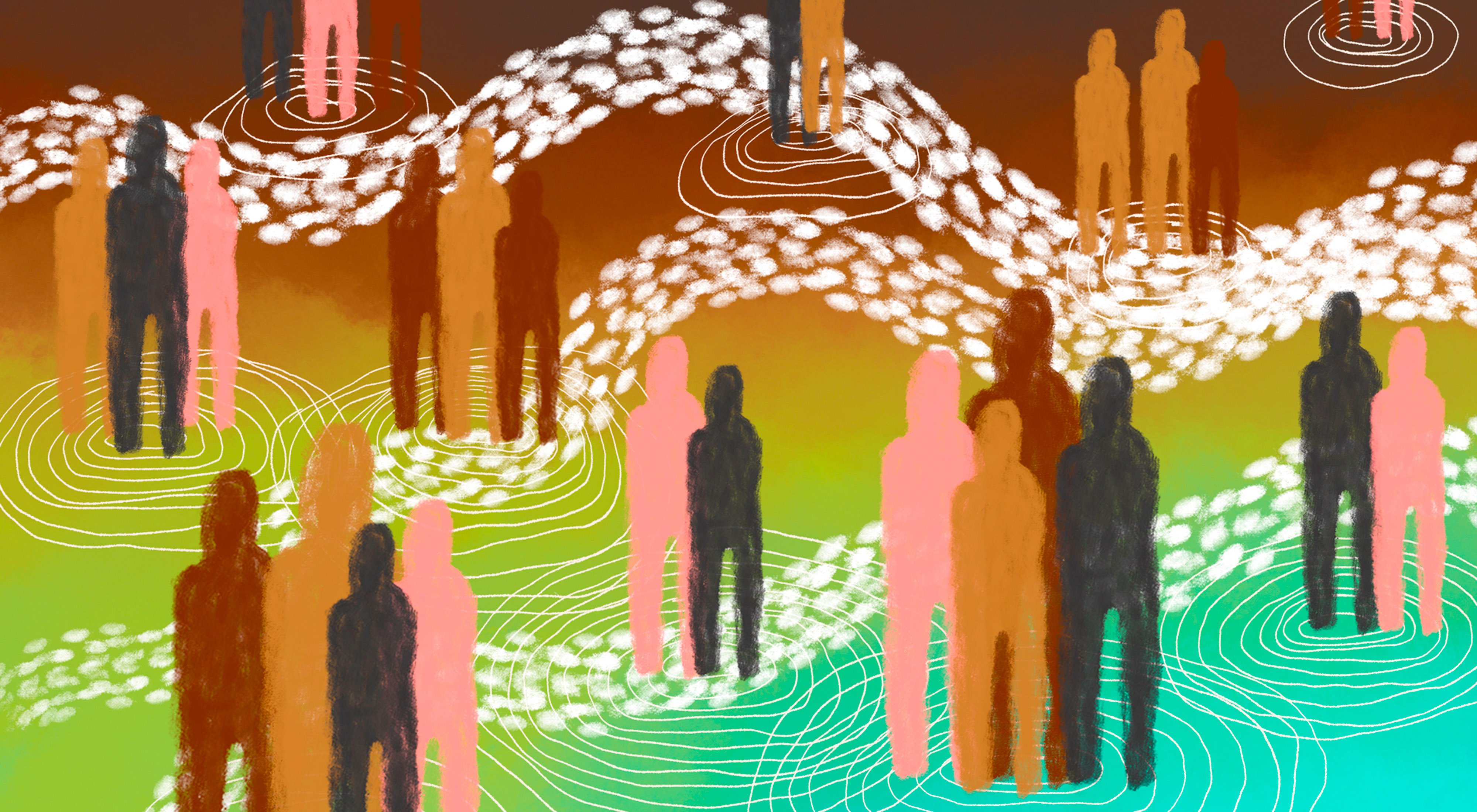 an illustration showing abstracted people standing together with interconnecting lines