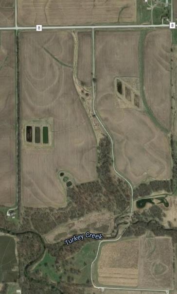 An aerial photo of the Franklin farm taken in 2015, now with three constructed wetlands.