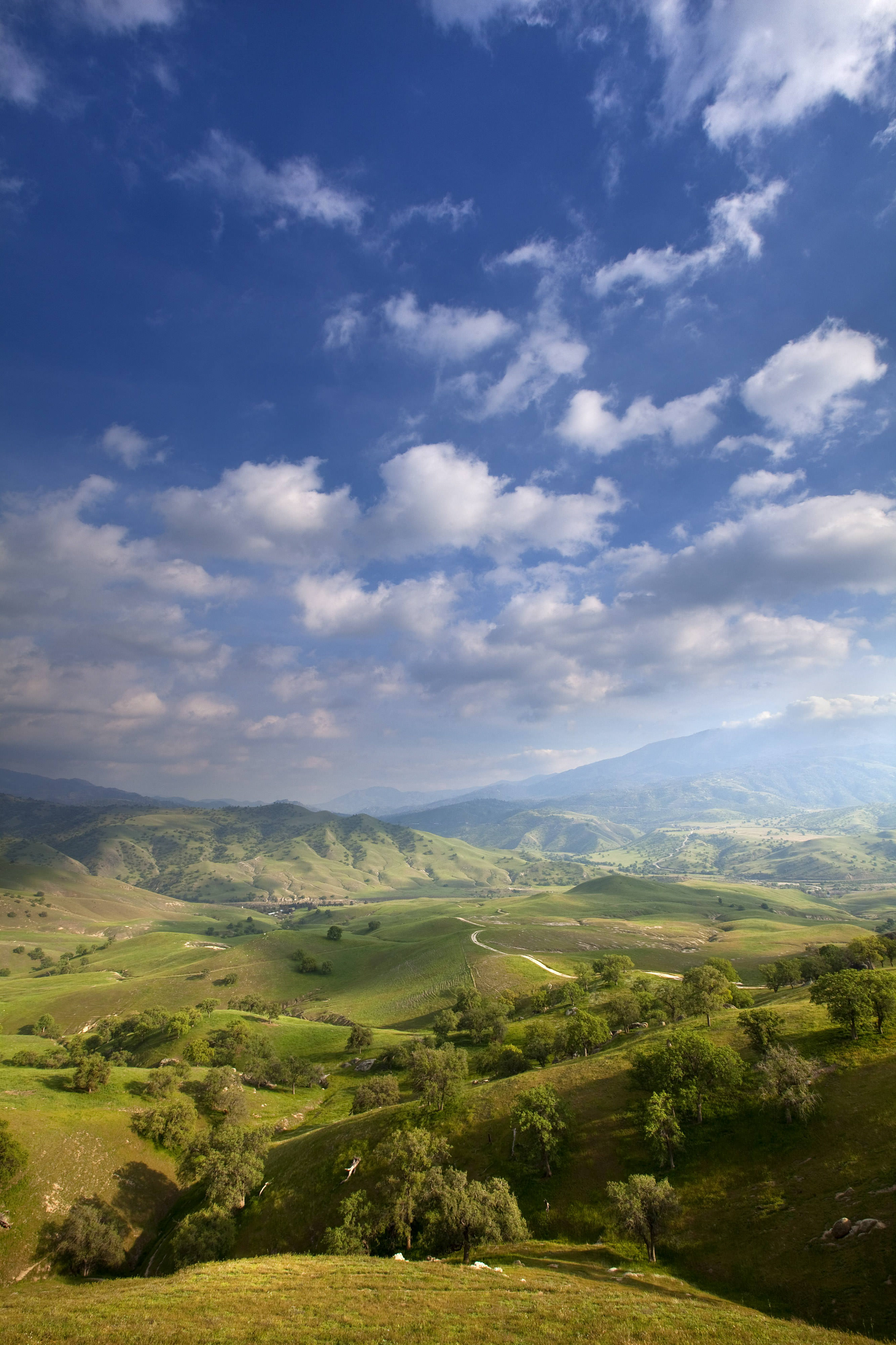 Wide landscape view of a vast valley of rolling green hills, with mountains in the far distance, under a blue sky with puffy white clouds.