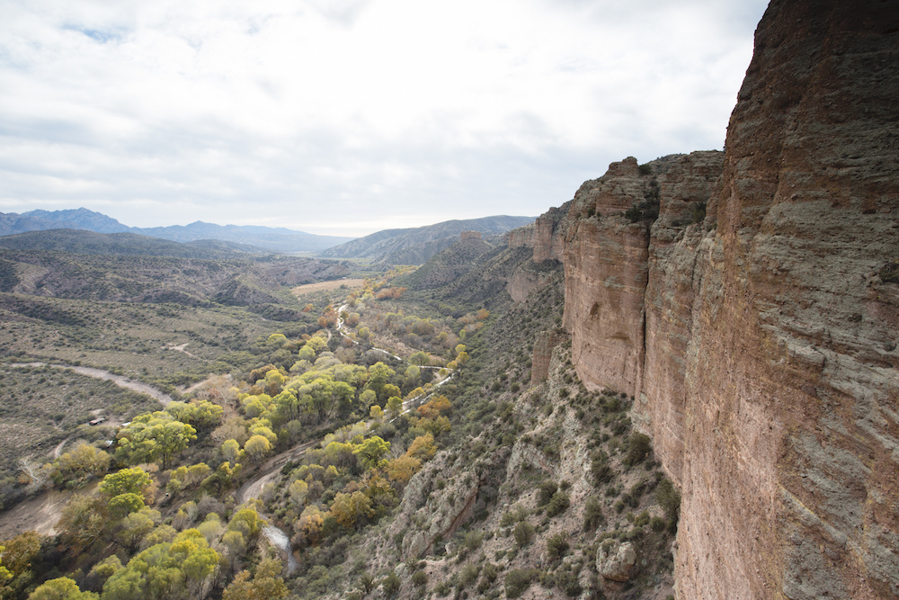 Canyon walls overlook a mountain range.