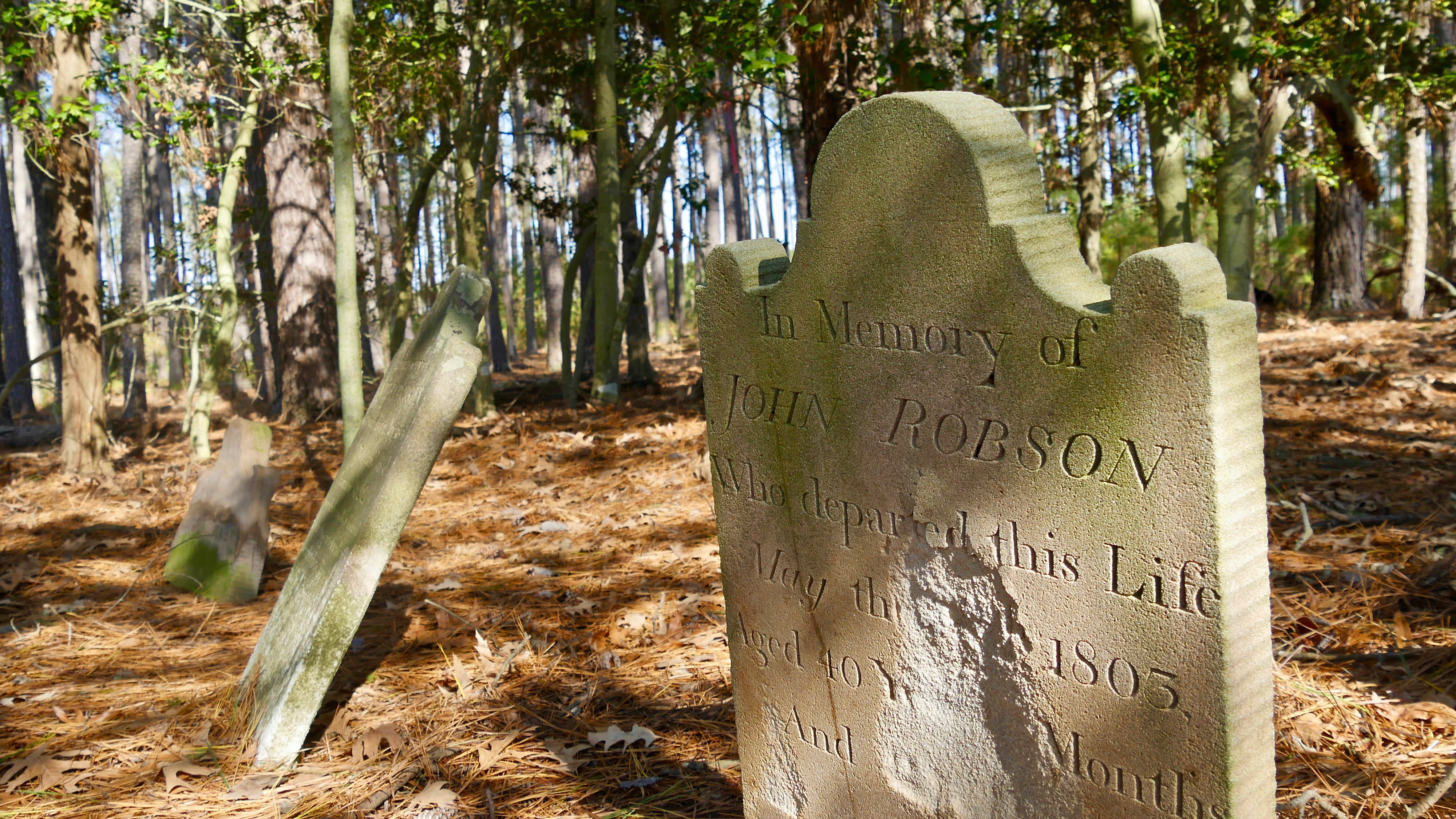 Three headstone sit in a row in a clearing covered in pine needles. The marker in the foreground has a large gap on its face where the stone has weathered away.