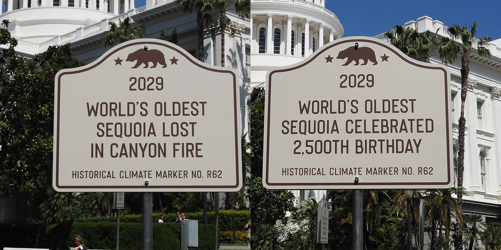 Two Futures signs installed on the steps of the California State Capitol.