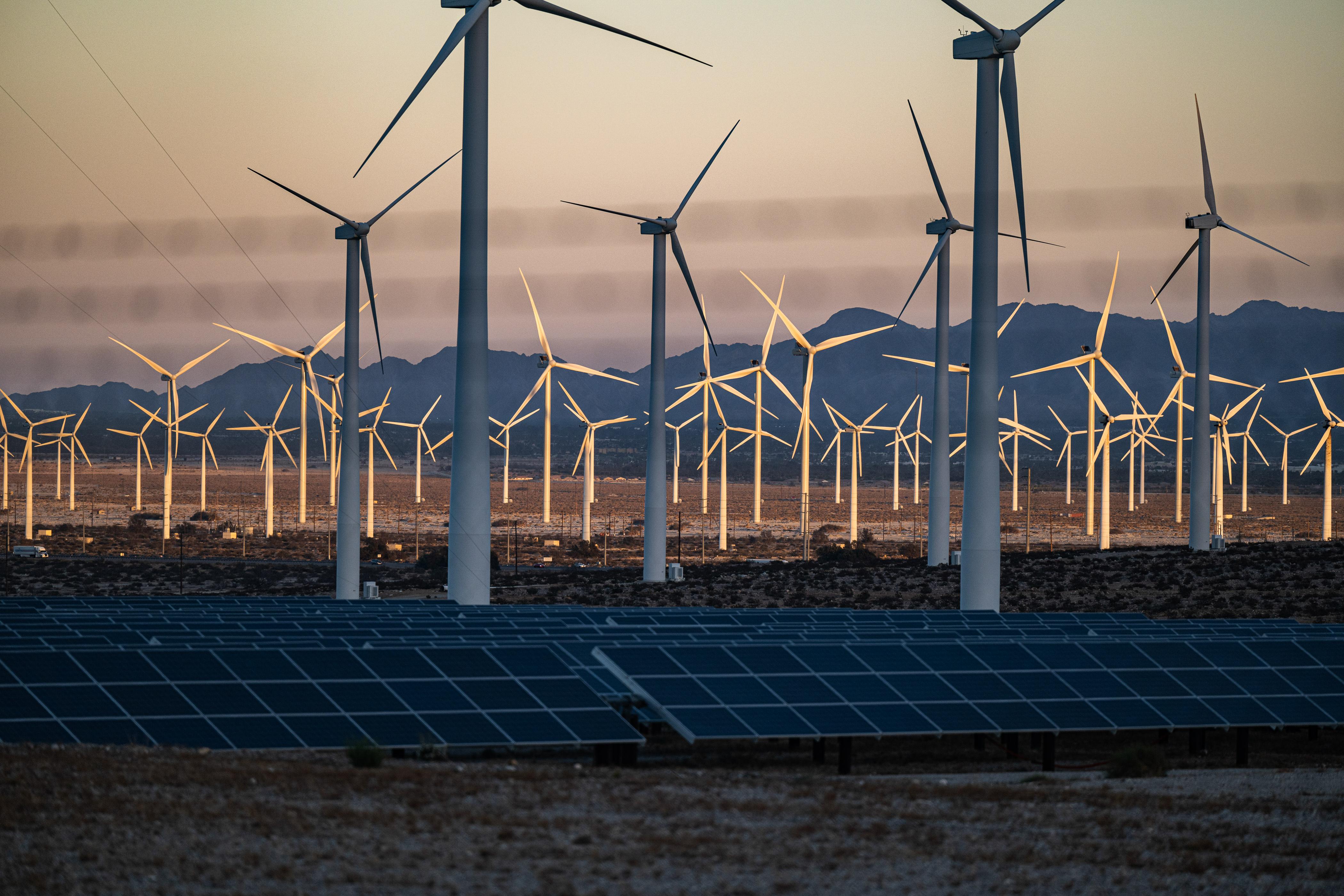 Photo during sunset of dozens of wind turbines towering over solar panels in the U.S. desert.