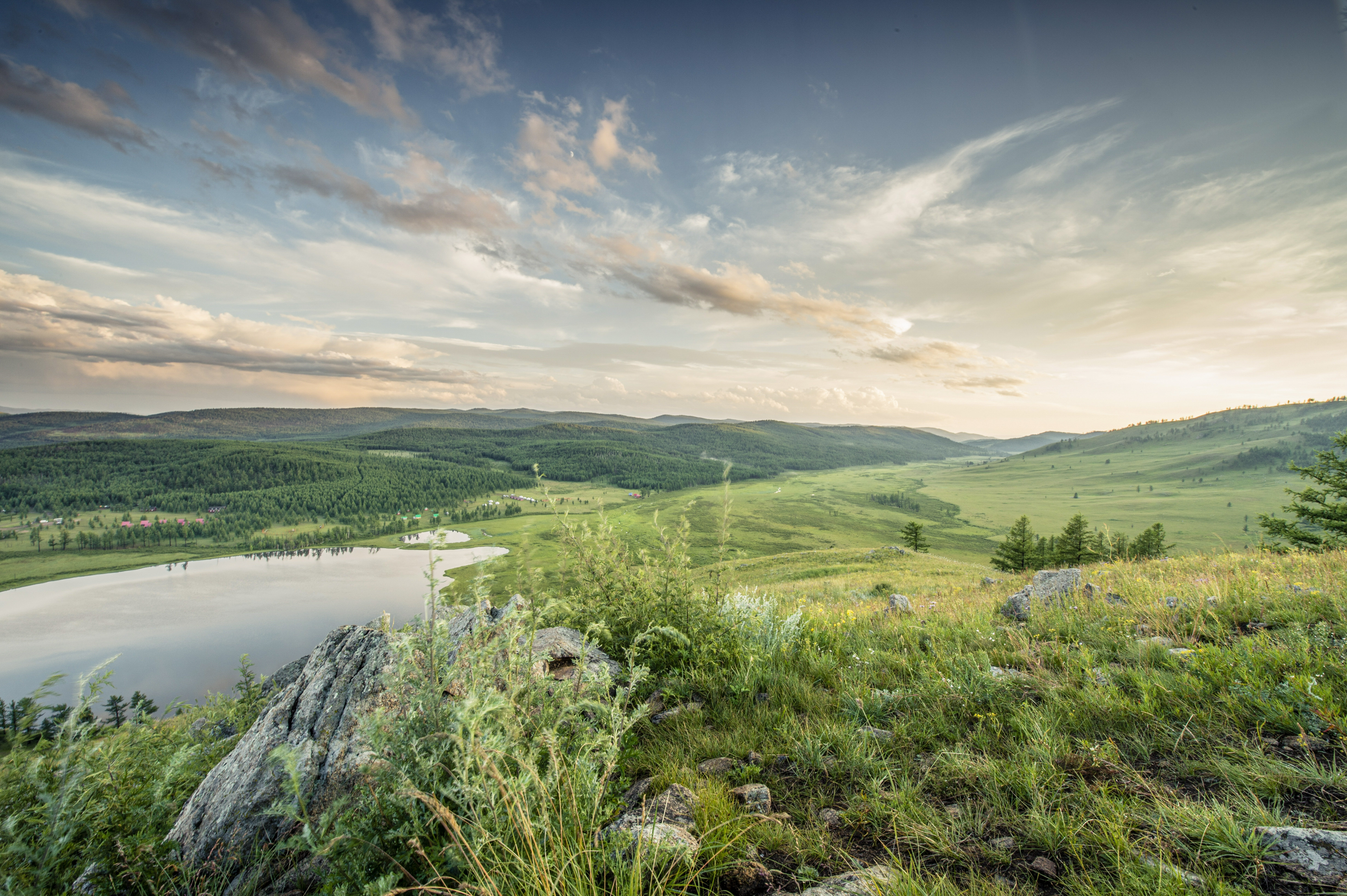 View of grasslands from a mountaintop in Mongolia