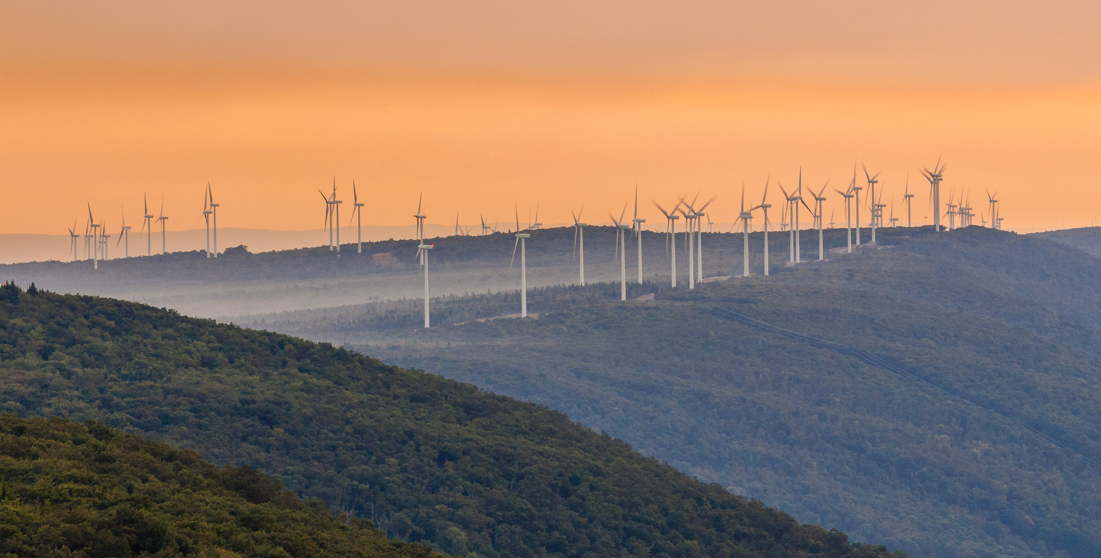 Wind farm turbines.