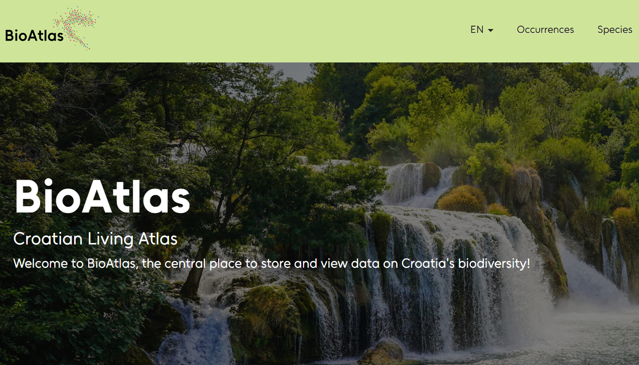 screenshot of BioAtlas website showing waterfall and forest.