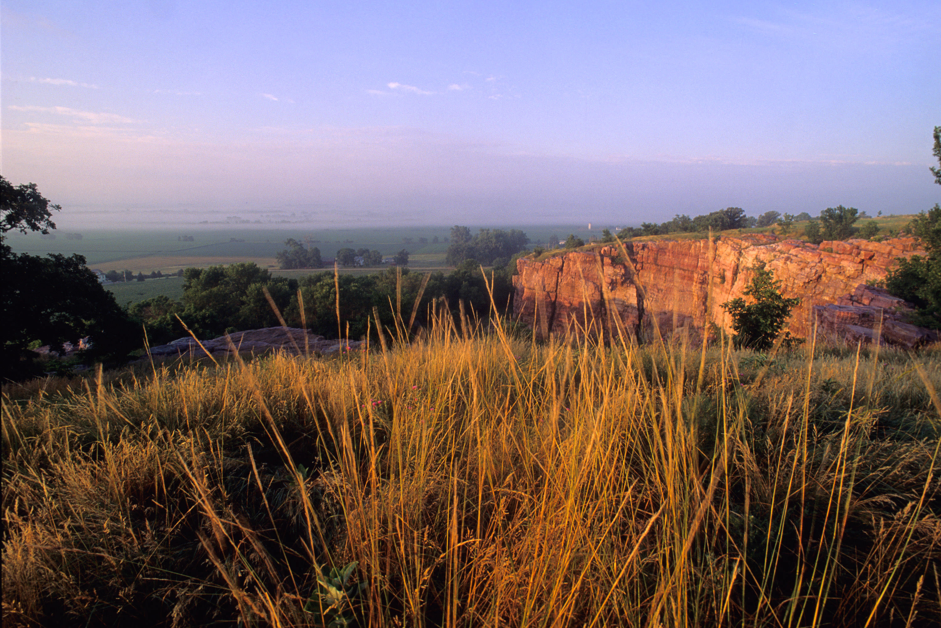 View from a bluff with prairie grasses in the foreground and a sheer cliff and plains in the distance.