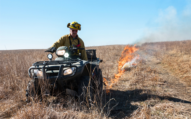 A burn boss rides an ATV and lights a controlled burn on the preserve.