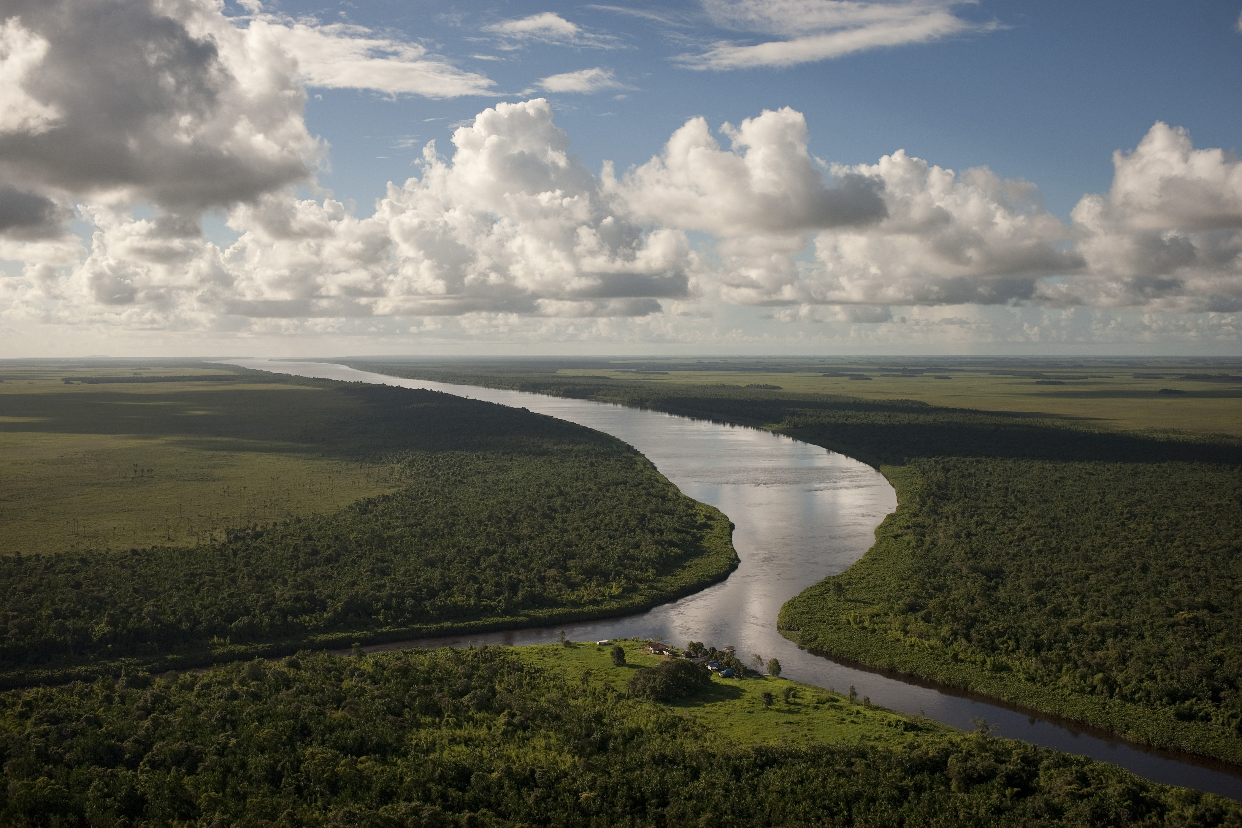 Foto aérea del Río Curipi encontrándose con el Río Uaçá en su camino hacia el Océano Atlántico, en la región indígena Oiapoque de la Amazonía brasileña.