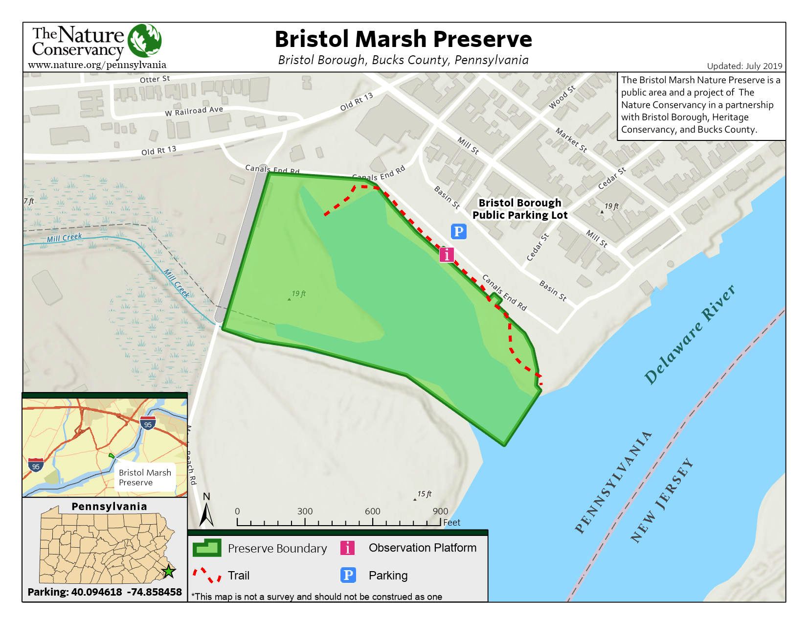 Bristol Marsh Nature Preserve map, with the preserve boundary outlined in green.