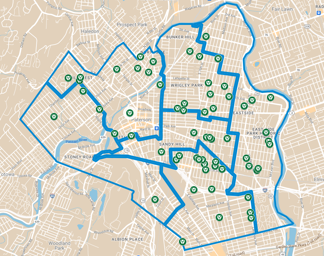 A screenshot of a clickable tan map that shows icons for locations of catch basins in Paterson.