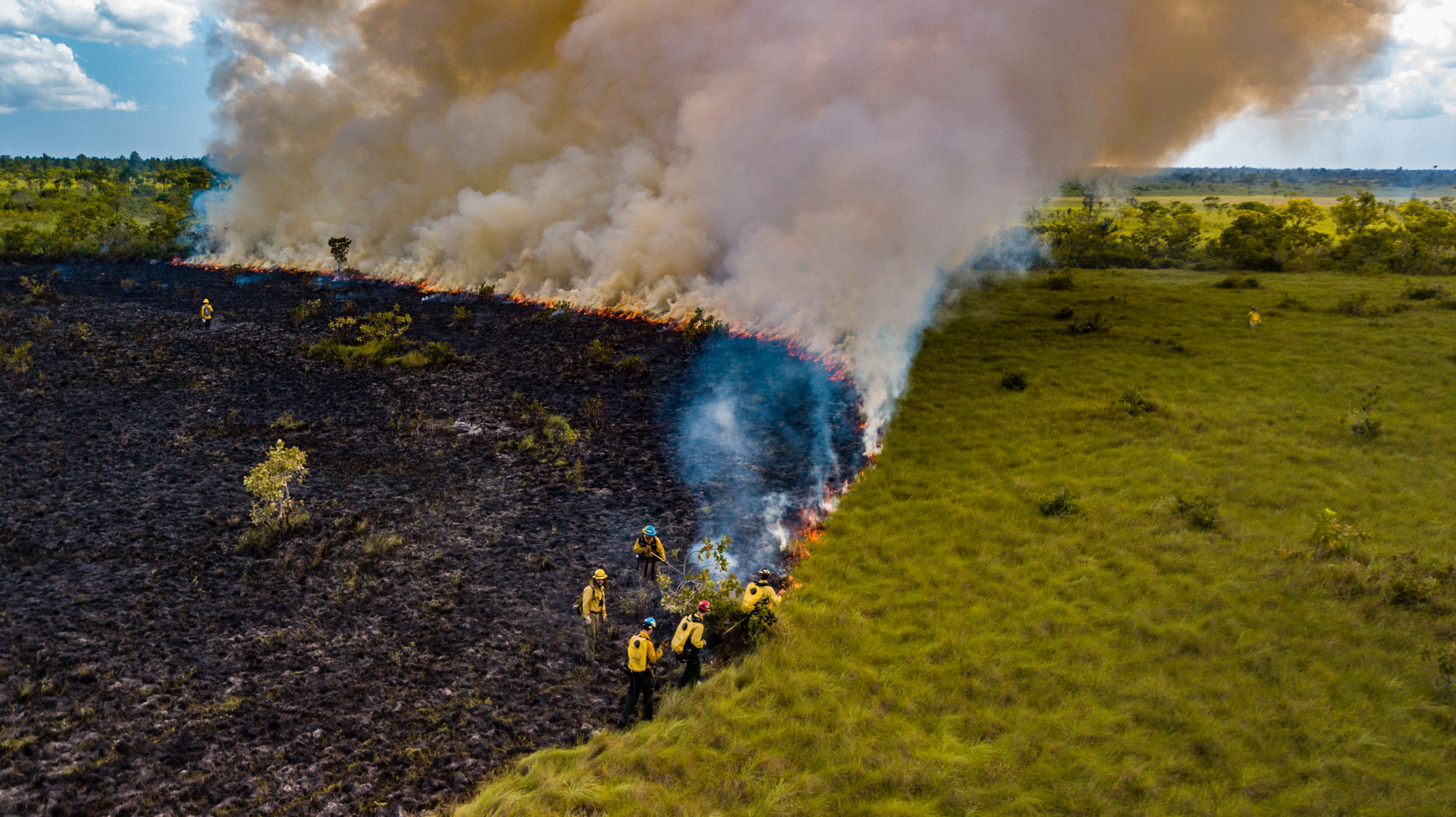 Aerial view of firefighters setting controlled burn.