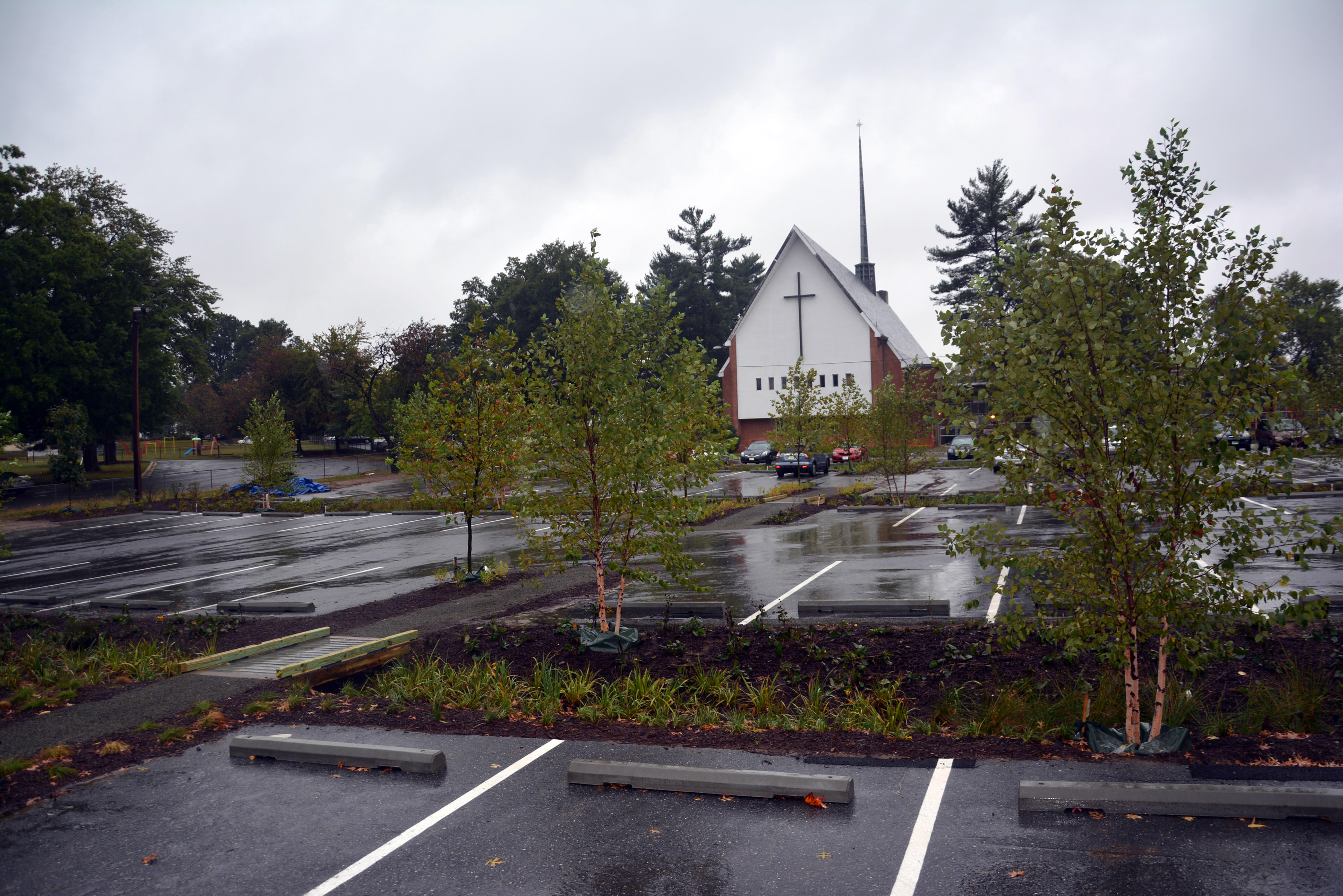 Landscape view of an empty parking lot with clusters of small trees scattered throughout it and a church building in the background.