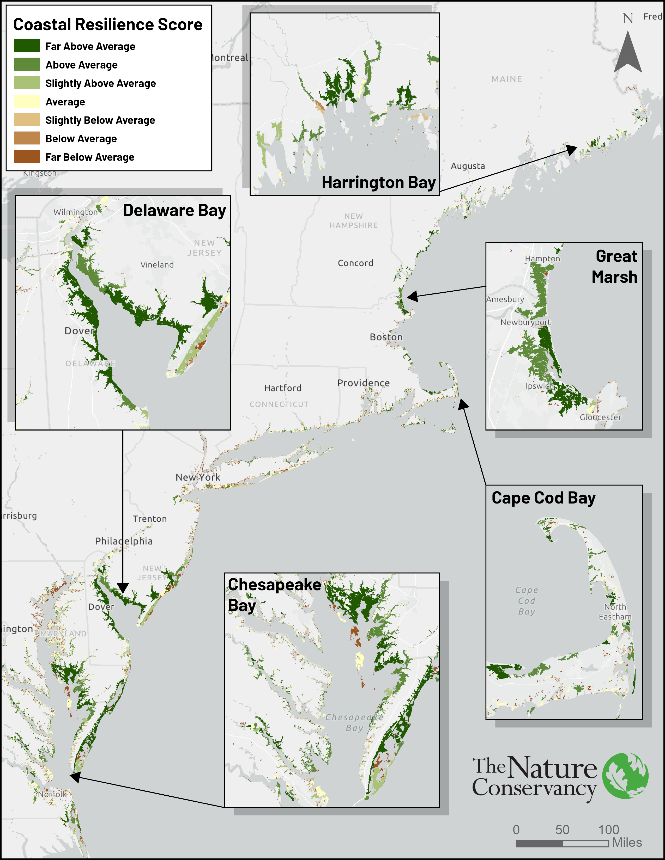 A map of Delaware showing areas of coastal resilience in green.