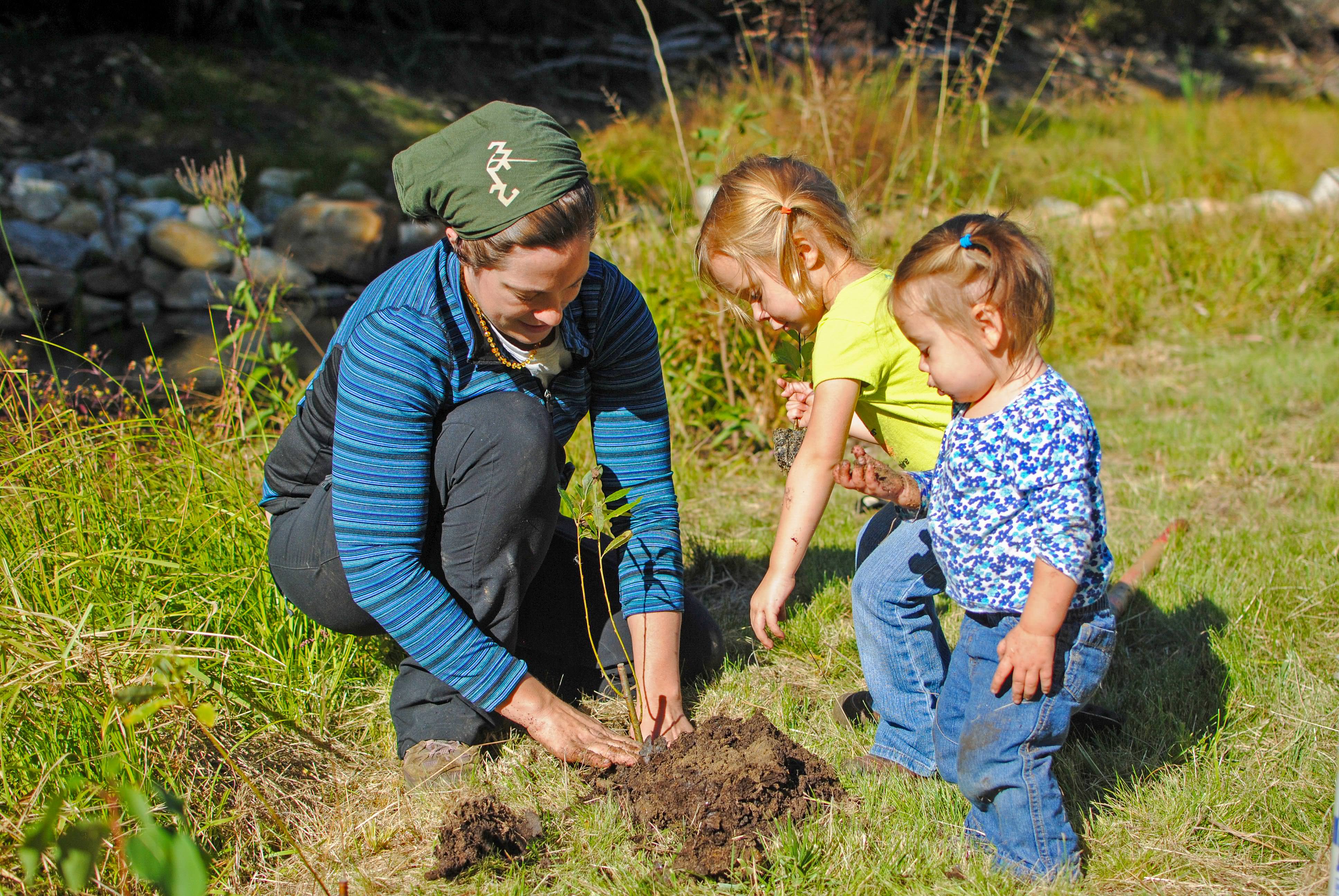 A volunteer plants a tree with help from two young children.