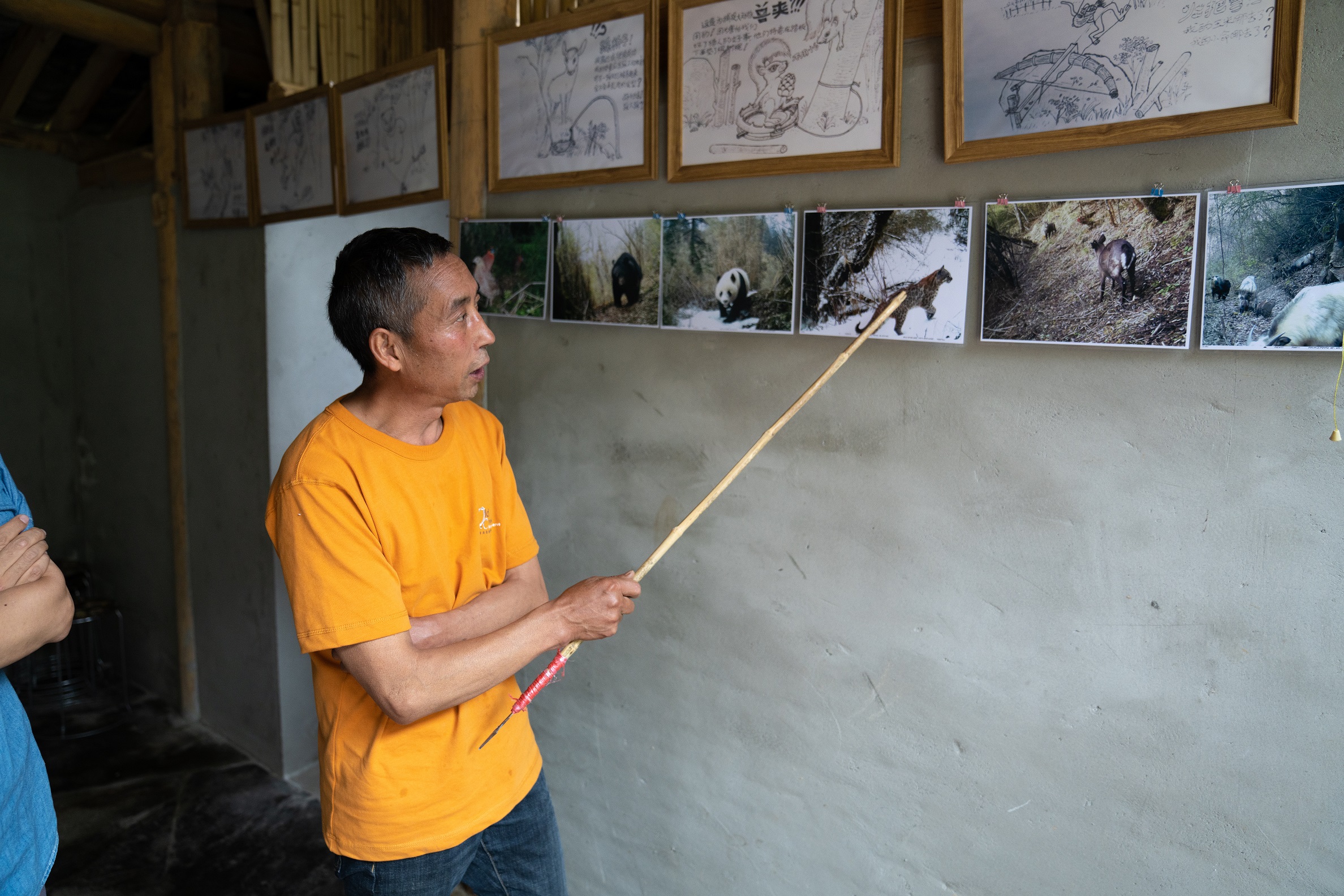 A man uses a pointer to point at a photo on a wall.