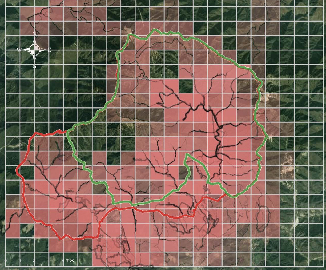 A map of Laohegou with a grid superimposed over it.