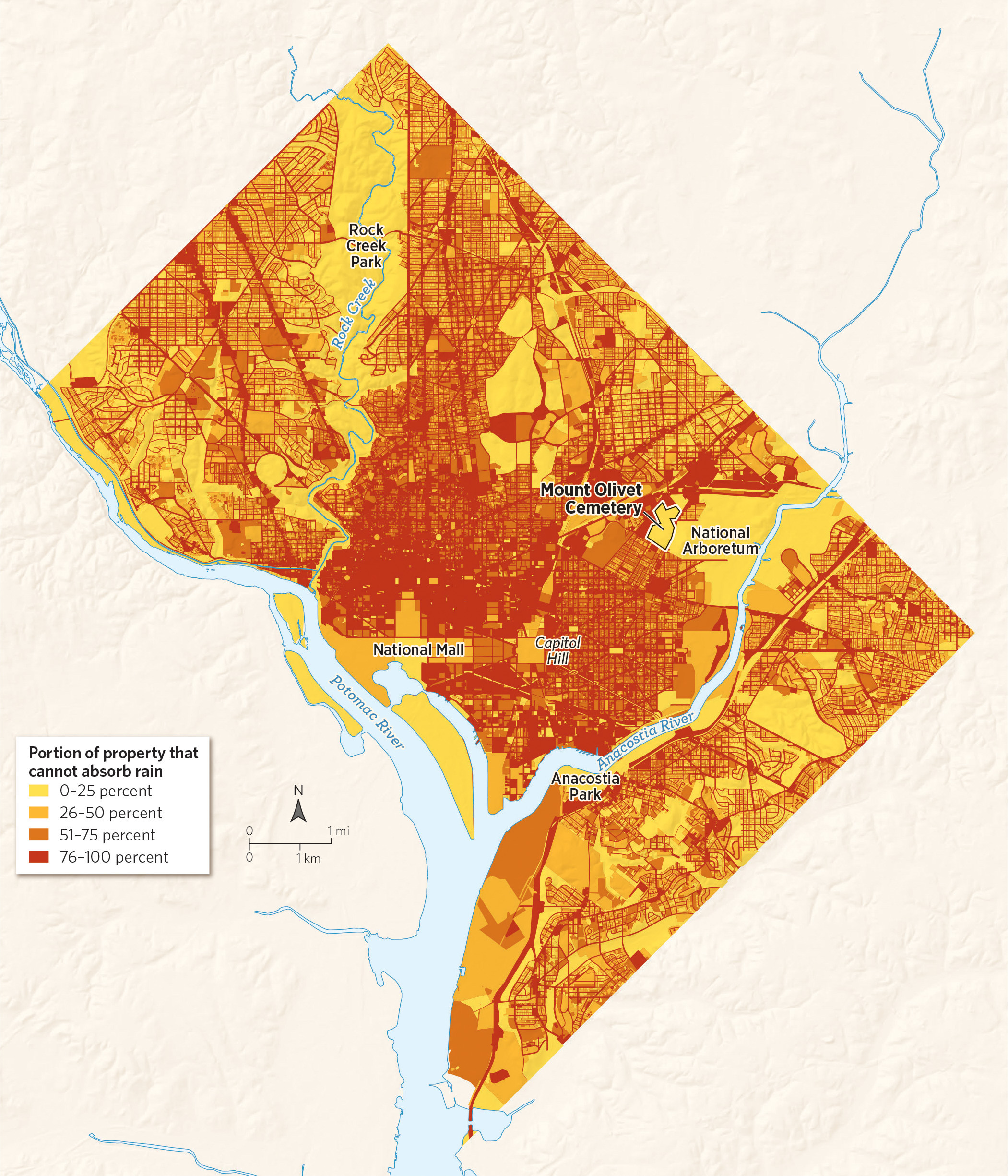 A map of Washington, D.C., where red areas cannot absorb stormwater.