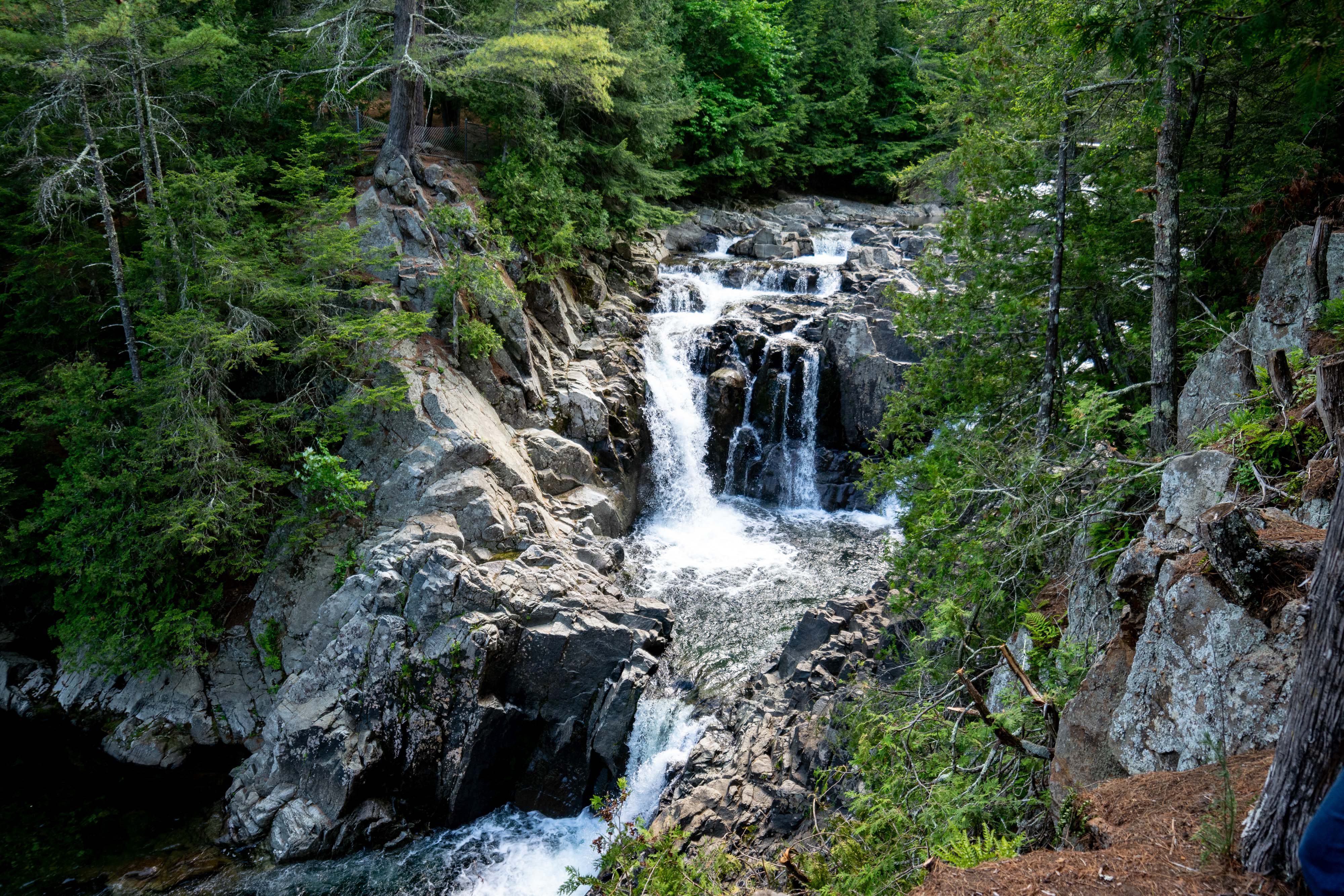 A waterfall tumbles over large boulders in the middle of a forest.