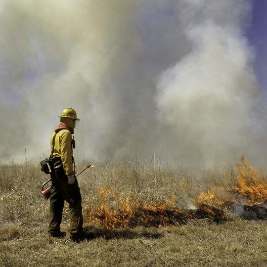 A person wearing yellow protective gear stands among flames in the prairie.