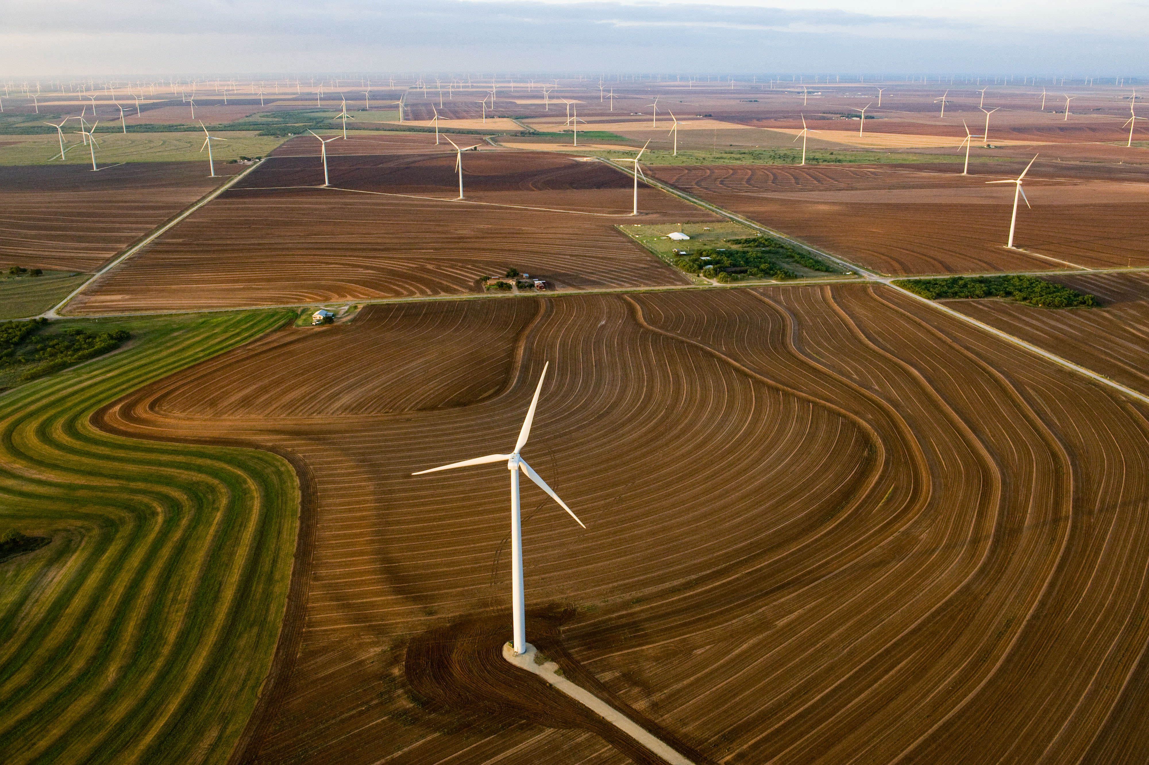 Un parque eólico en campos agrícolas en Texas.