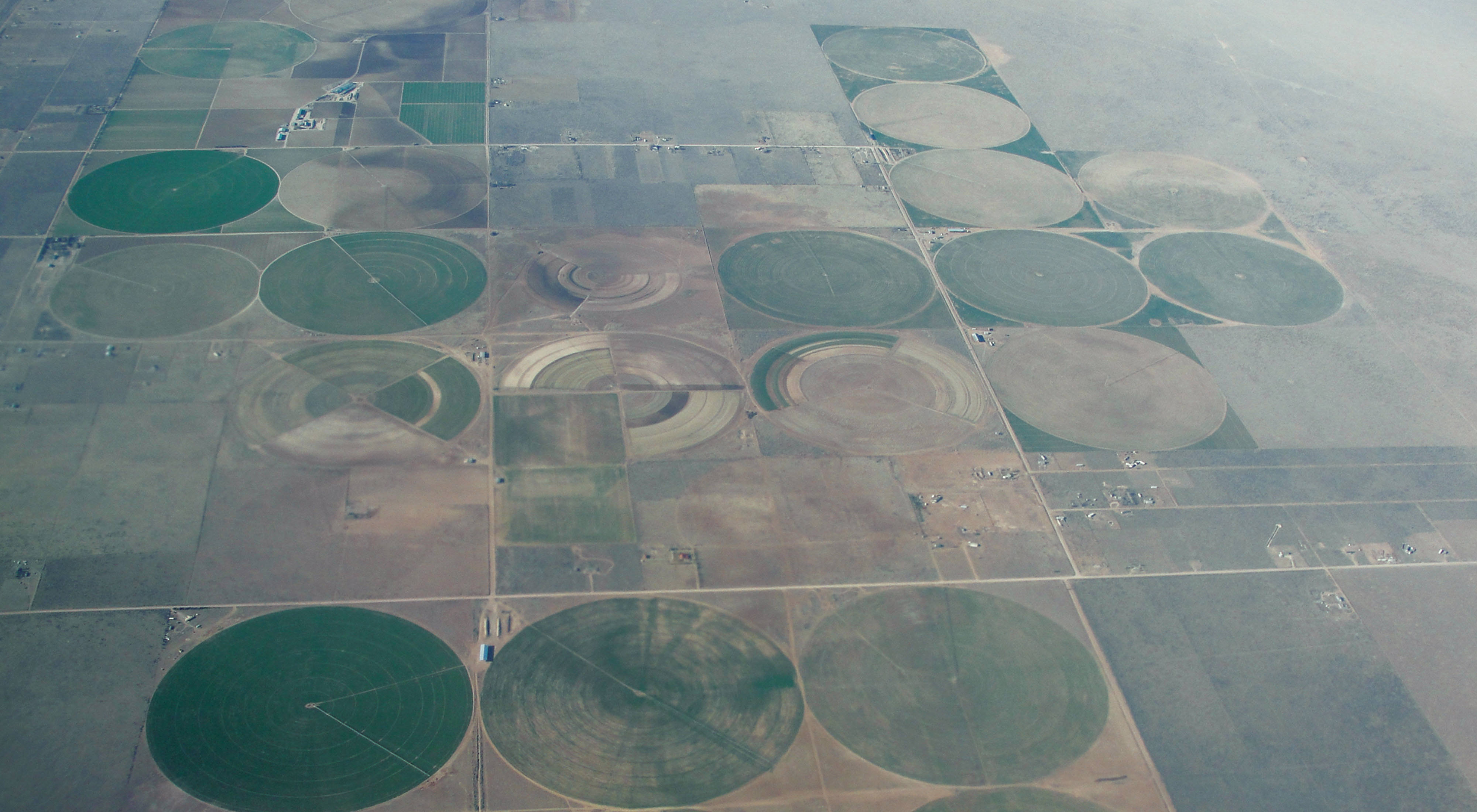 Aerial of square plots of land with circular markings.